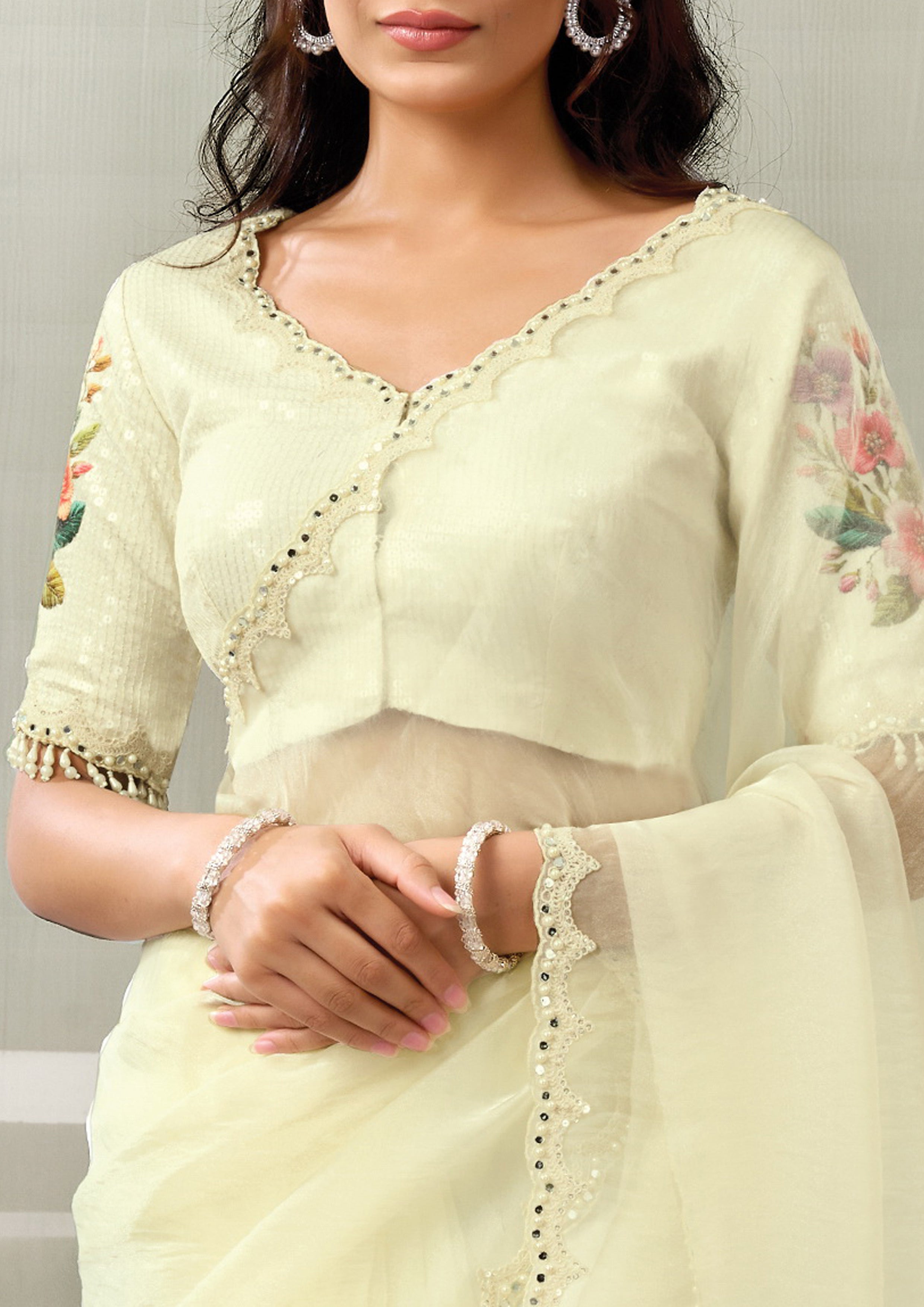 Yellow Pastel Embellished Organza Satin Silk Saree