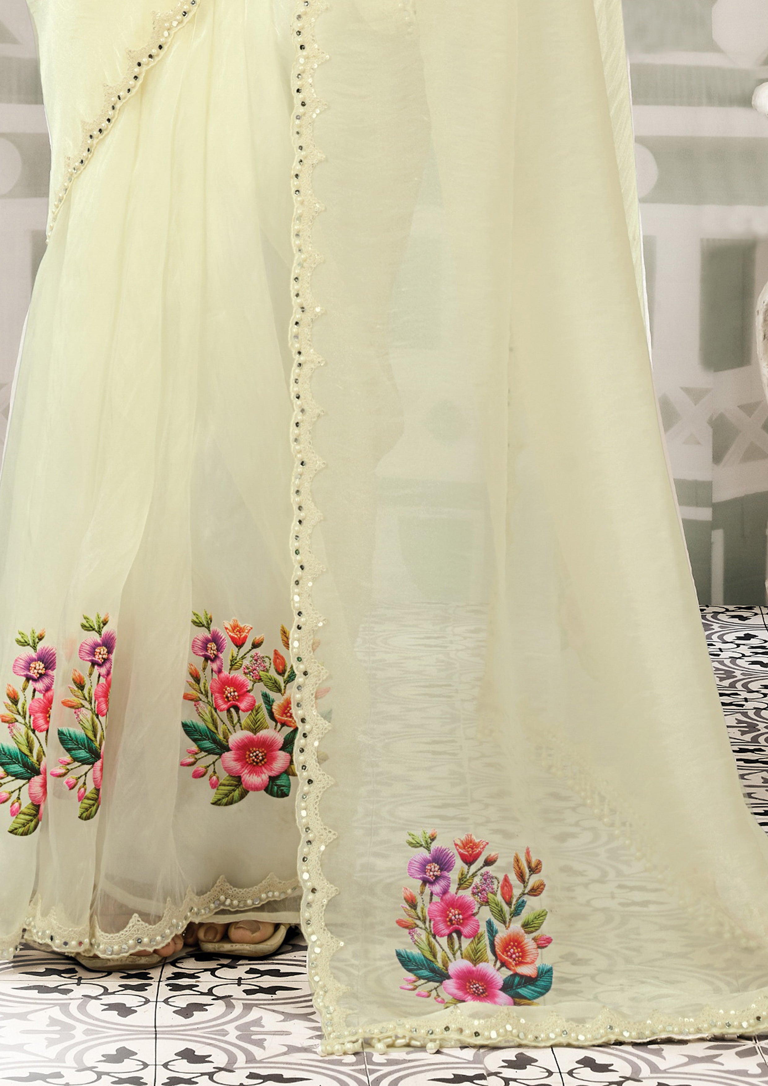 Yellow Pastel Embellished Organza Satin Silk Saree