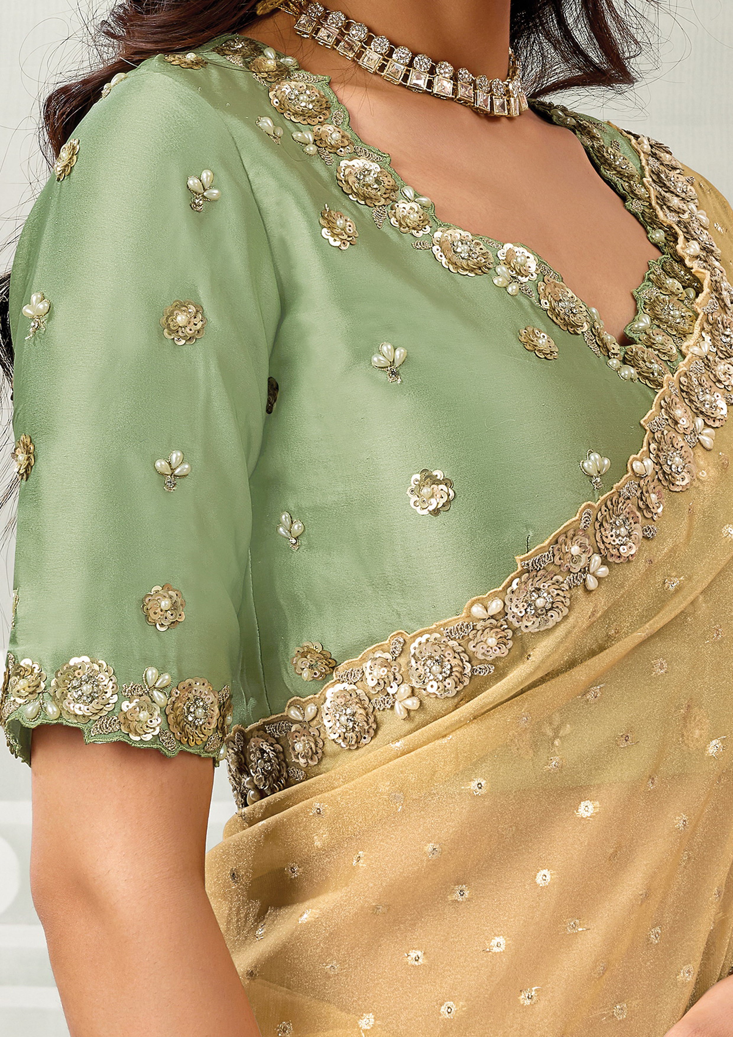 Golden Mist Embellished Georgette Jacquard Silk Saree