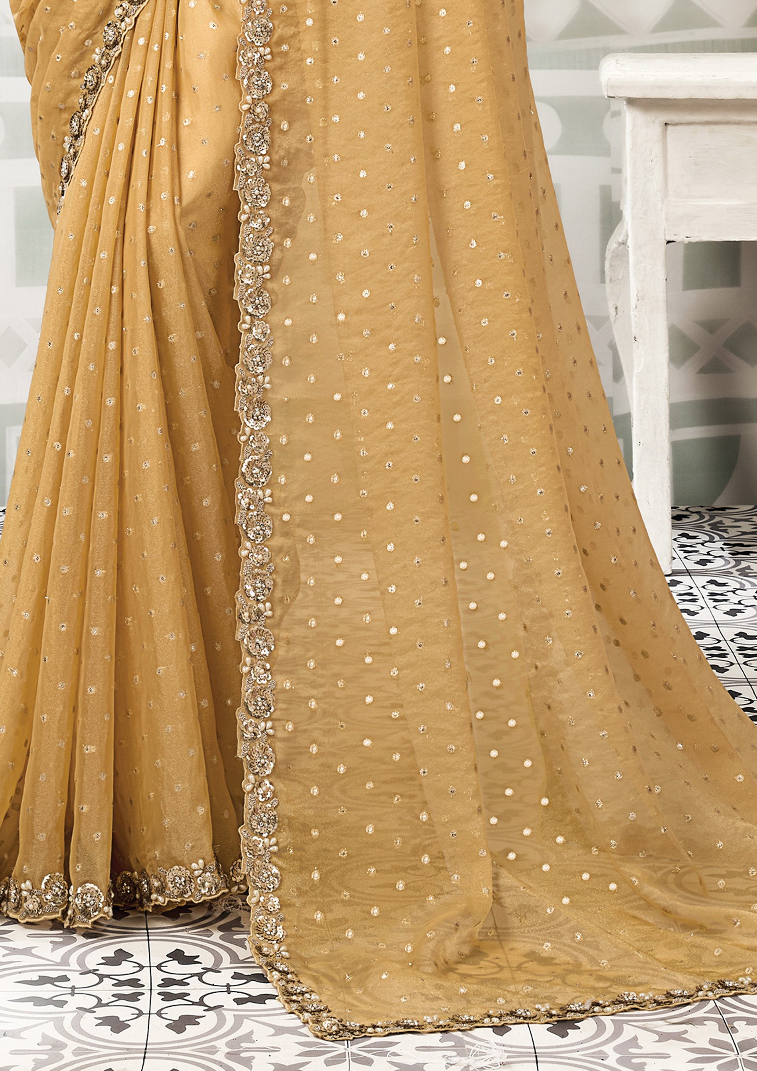 Golden Mist Embellished Georgette Jacquard Silk Saree