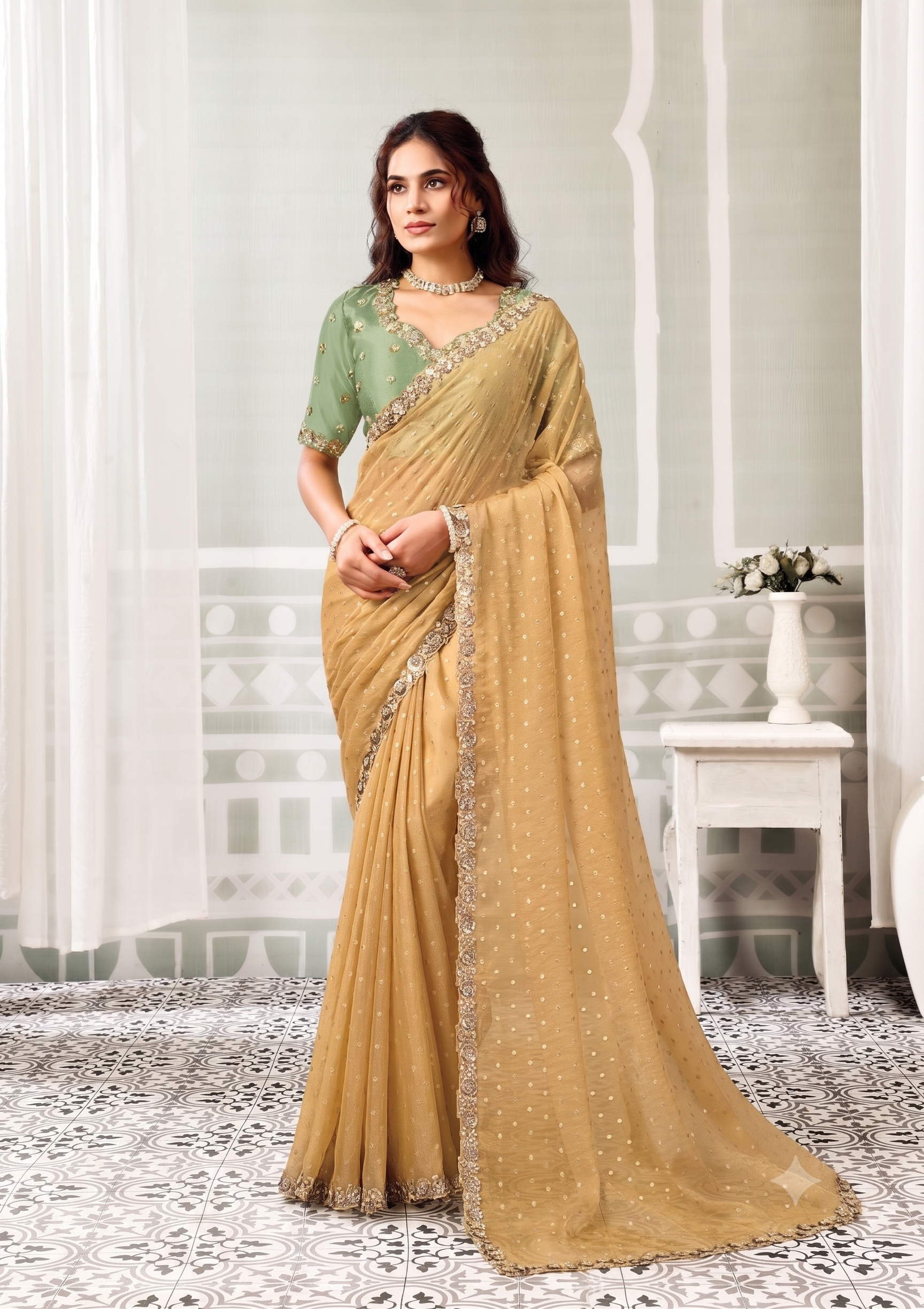 Golden Mist Embellished Georgette Jacquard Silk Saree