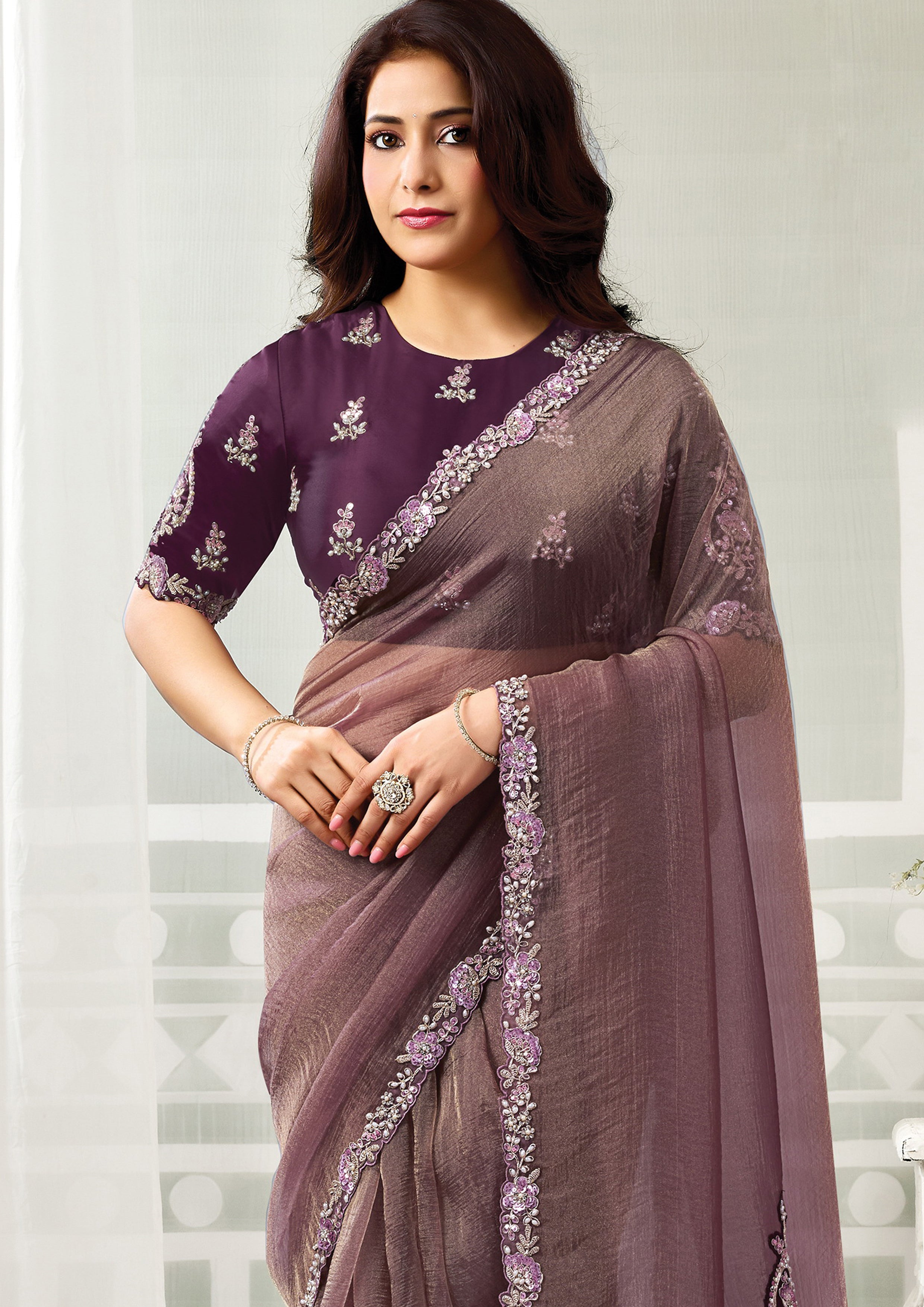 Wine Royale Embellished Organza Tissue Silk Saree