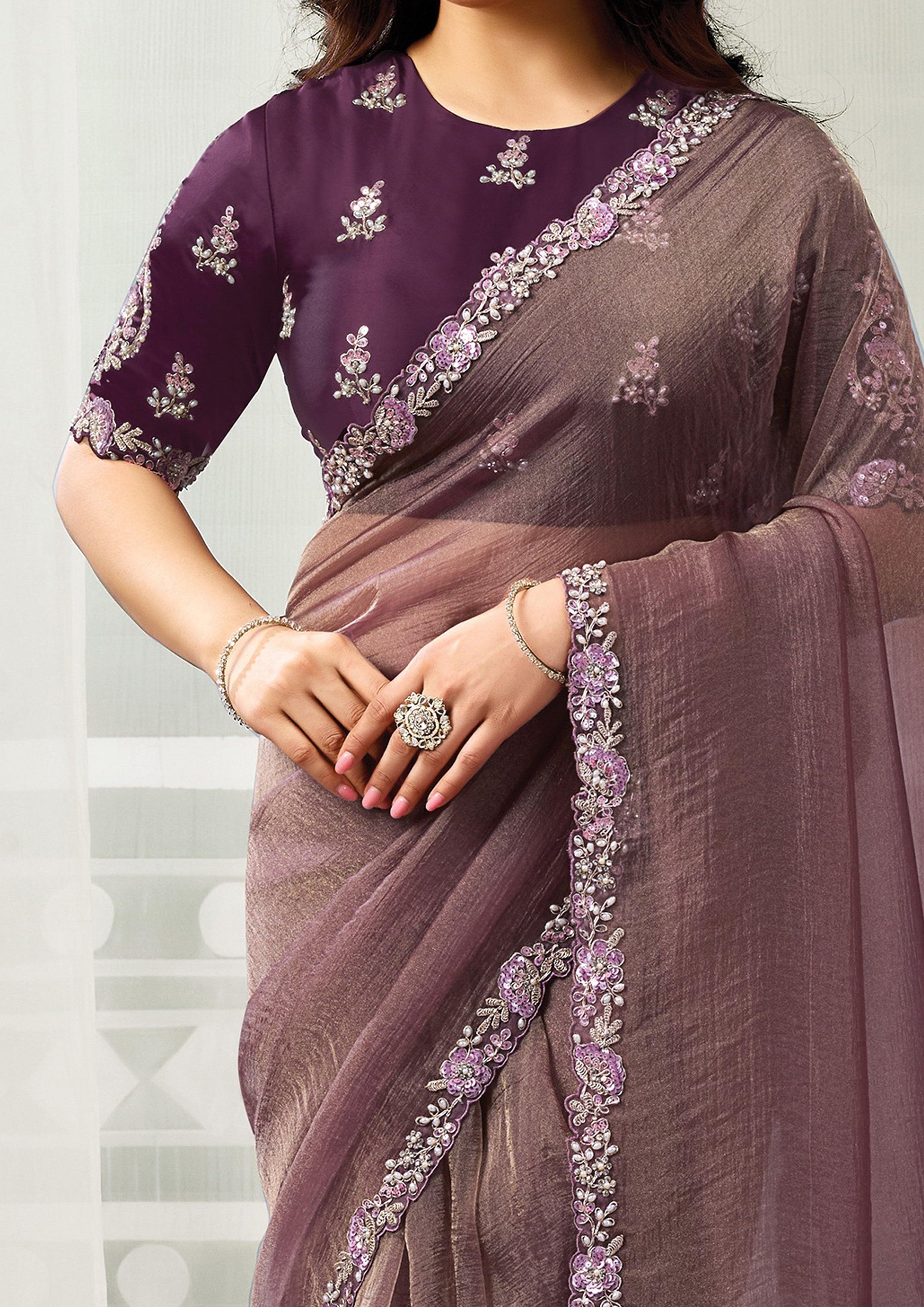 Wine Royale Embellished Organza Tissue Silk Saree