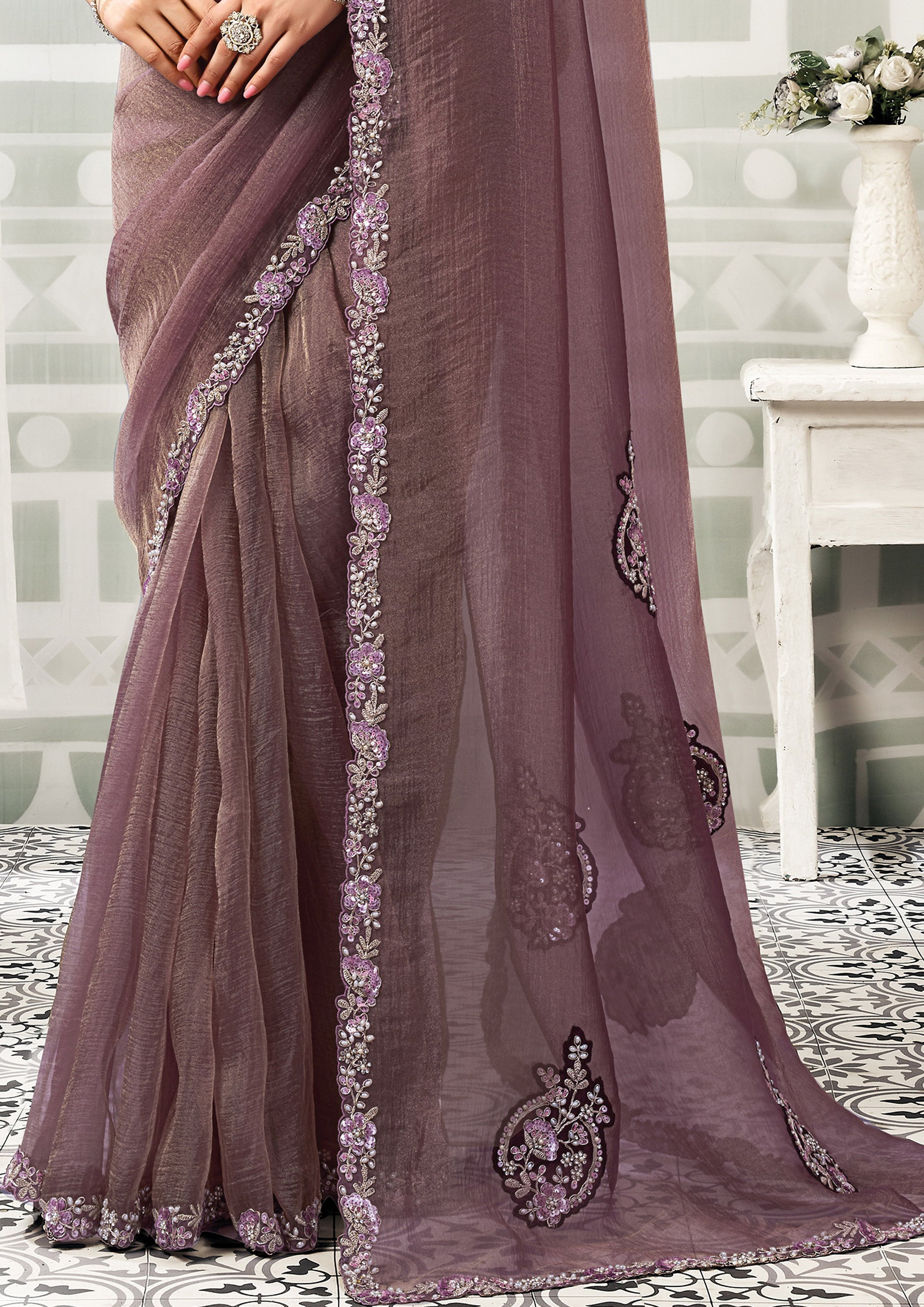 Wine Royale Embellished Organza Tissue Silk Saree