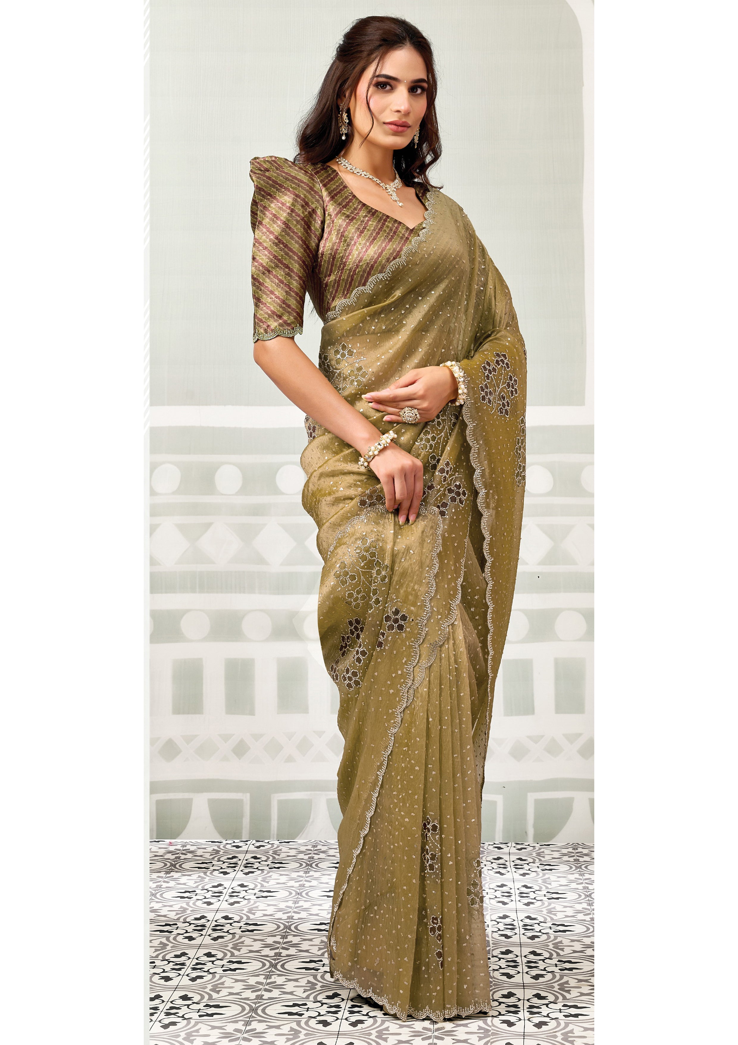 Olive Green Embellished Crushed Tissue Silk Saree
