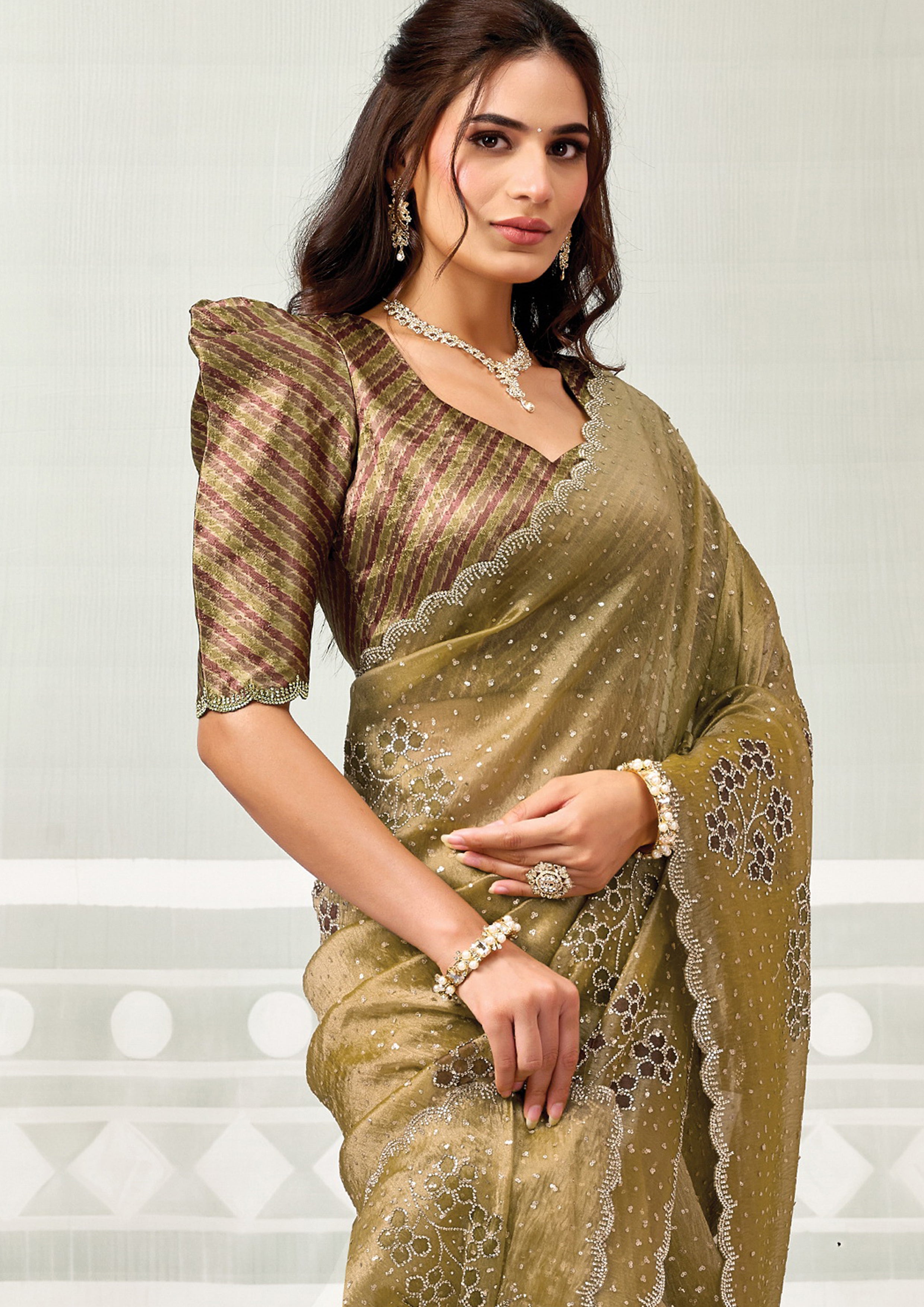 Olive Green Embellished Crushed Tissue Silk Saree