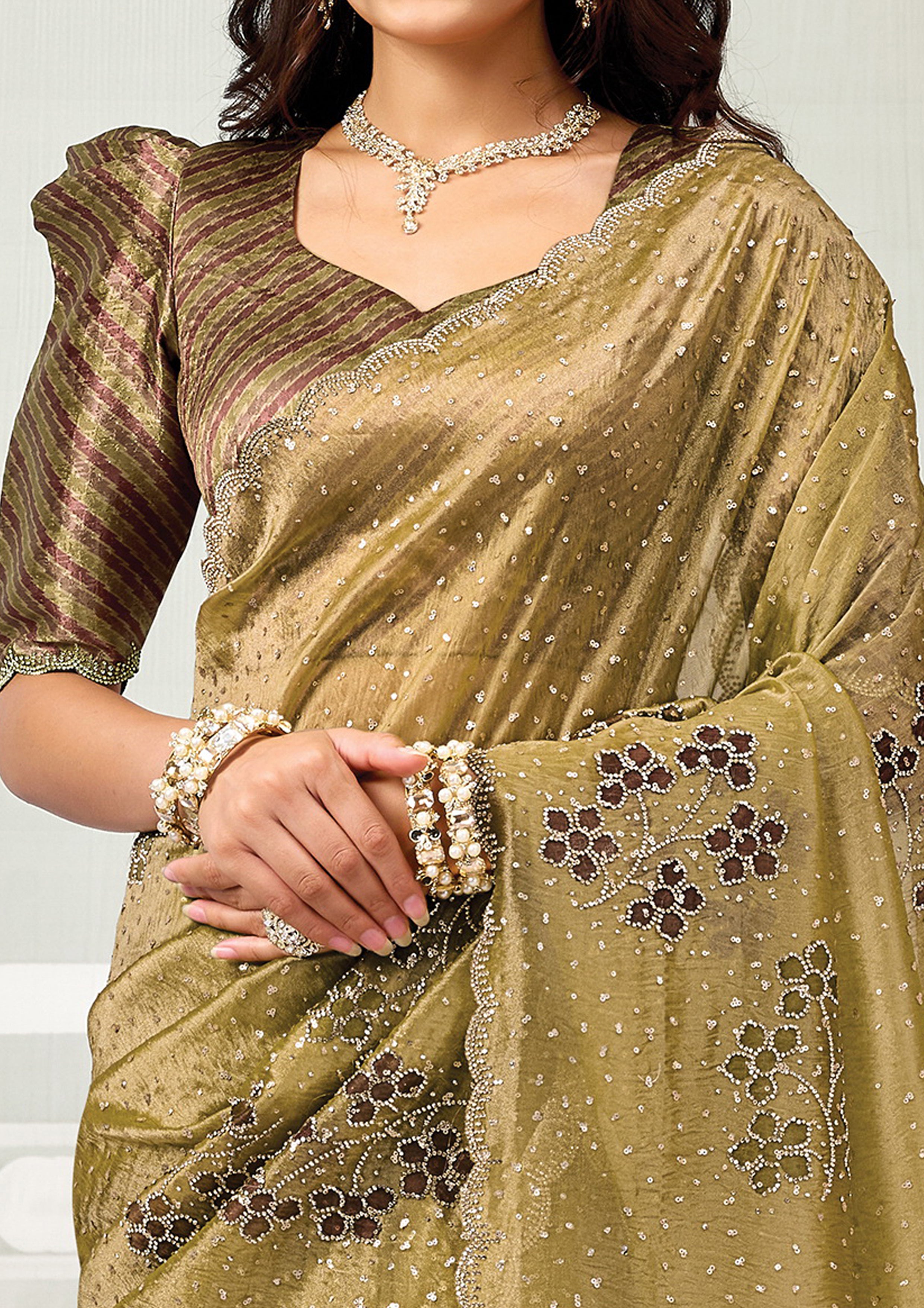Olive Green Embellished Crushed Tissue Silk Saree