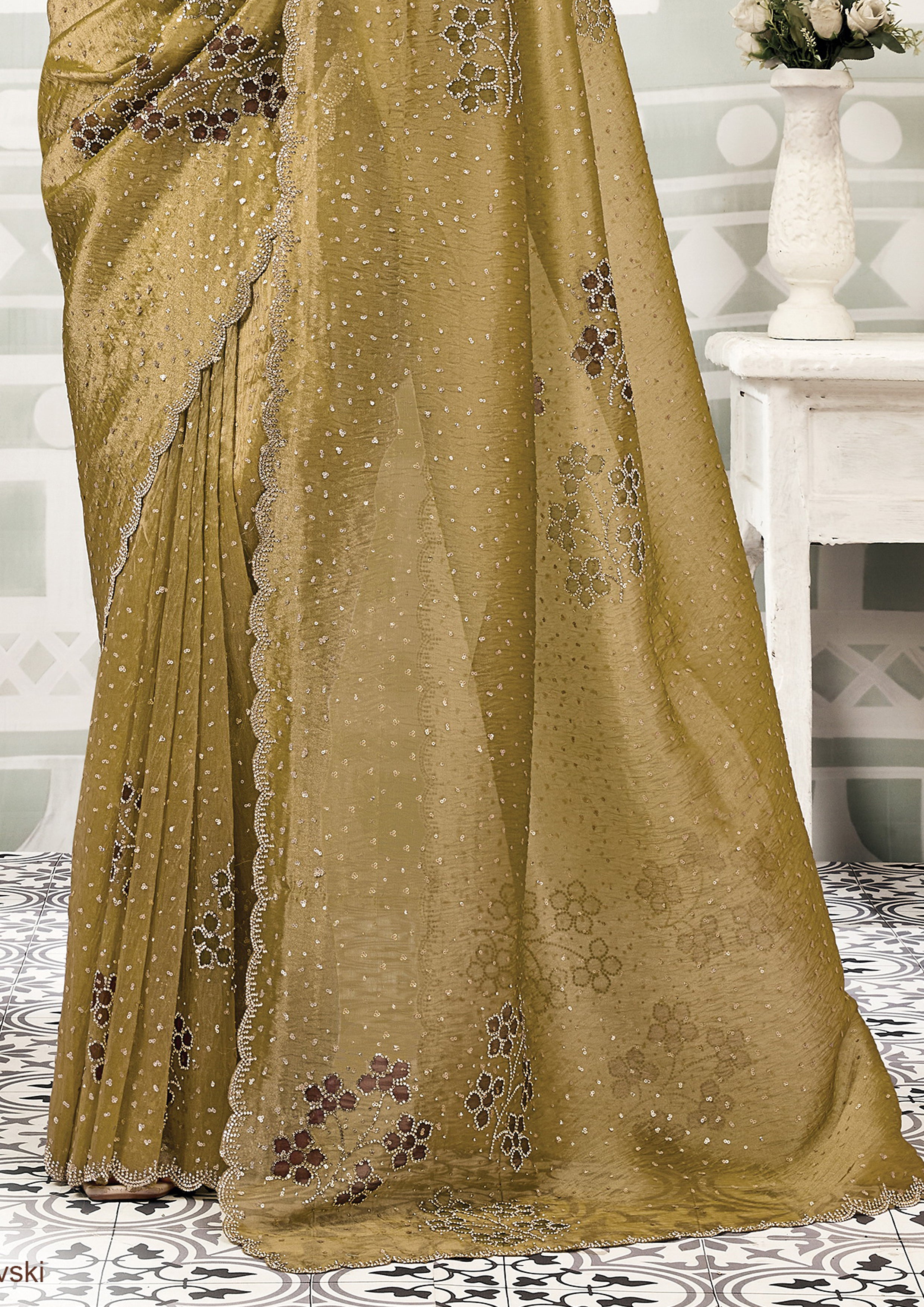 Olive Green Embellished Crushed Tissue Silk Saree