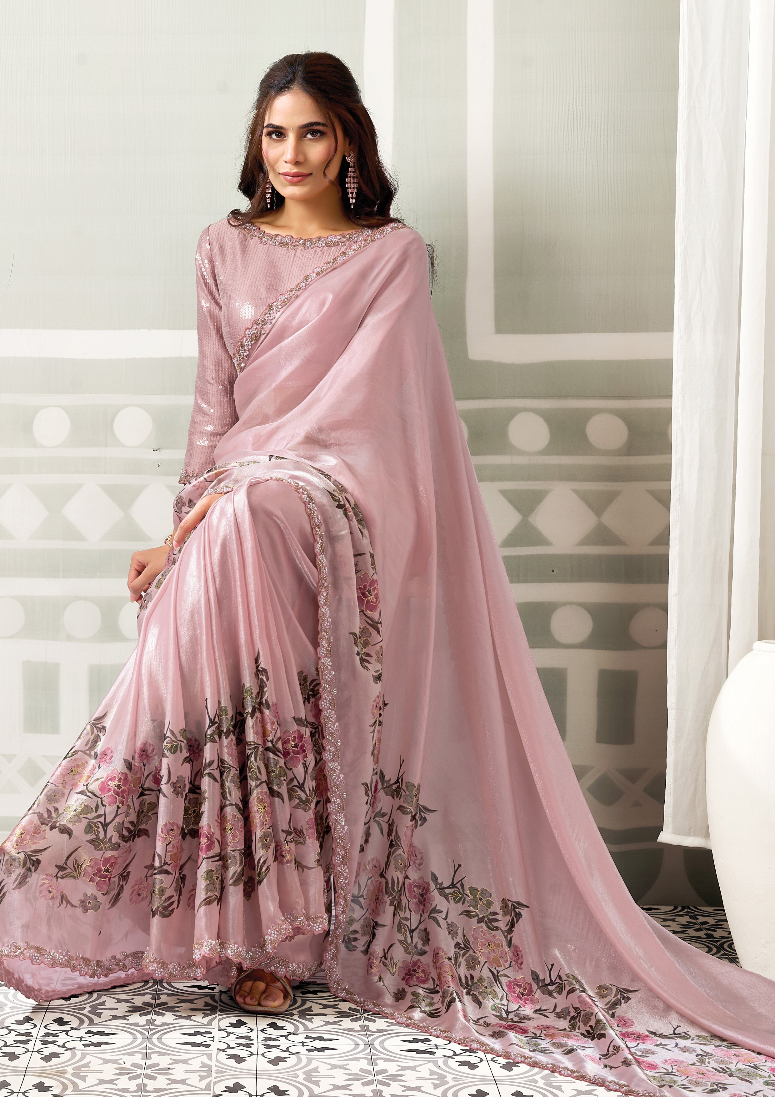 Pink Petal Blush Embellished Satin Silk Saree