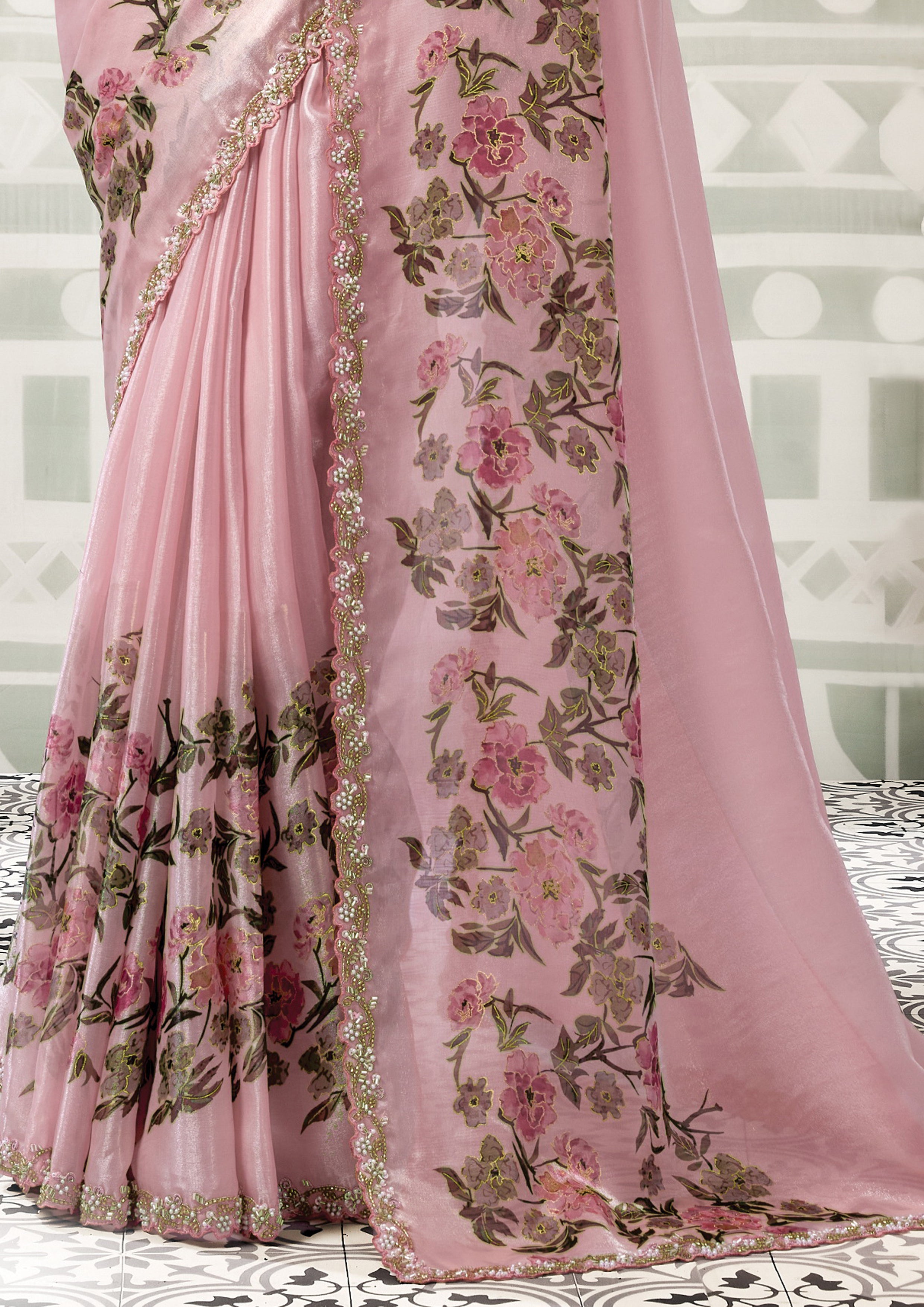 Pink Petal Blush Embellished Satin Silk Saree