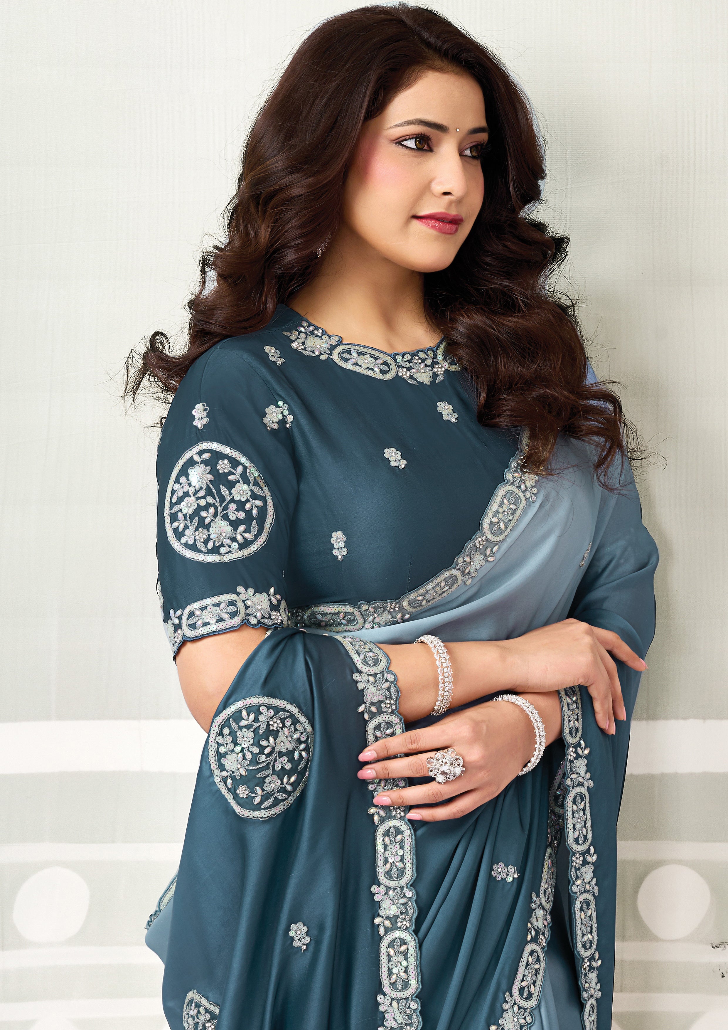 Peacock Ombre Embellished Satin Silk Saree