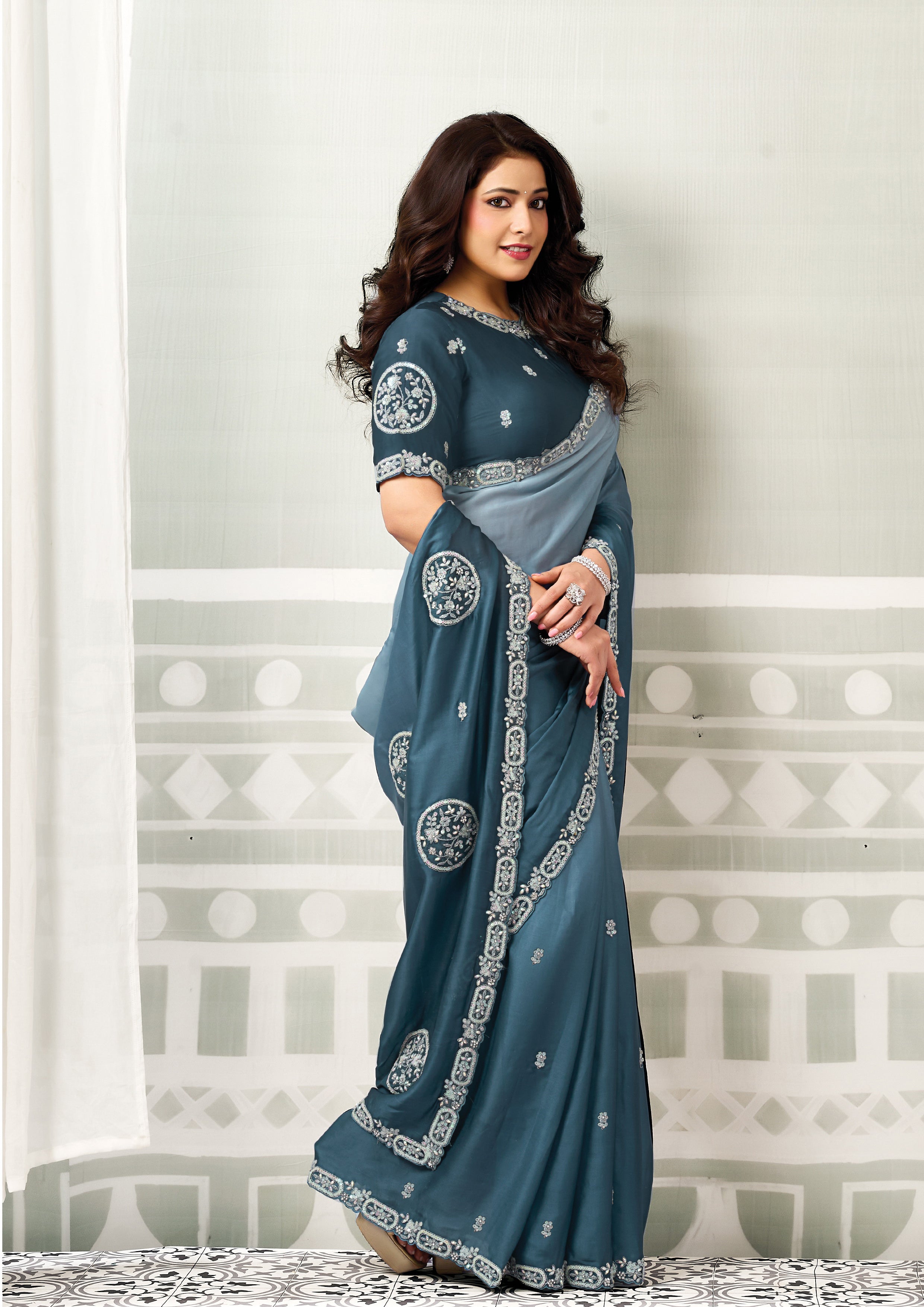 Peacock Ombre Embellished Satin Silk Saree