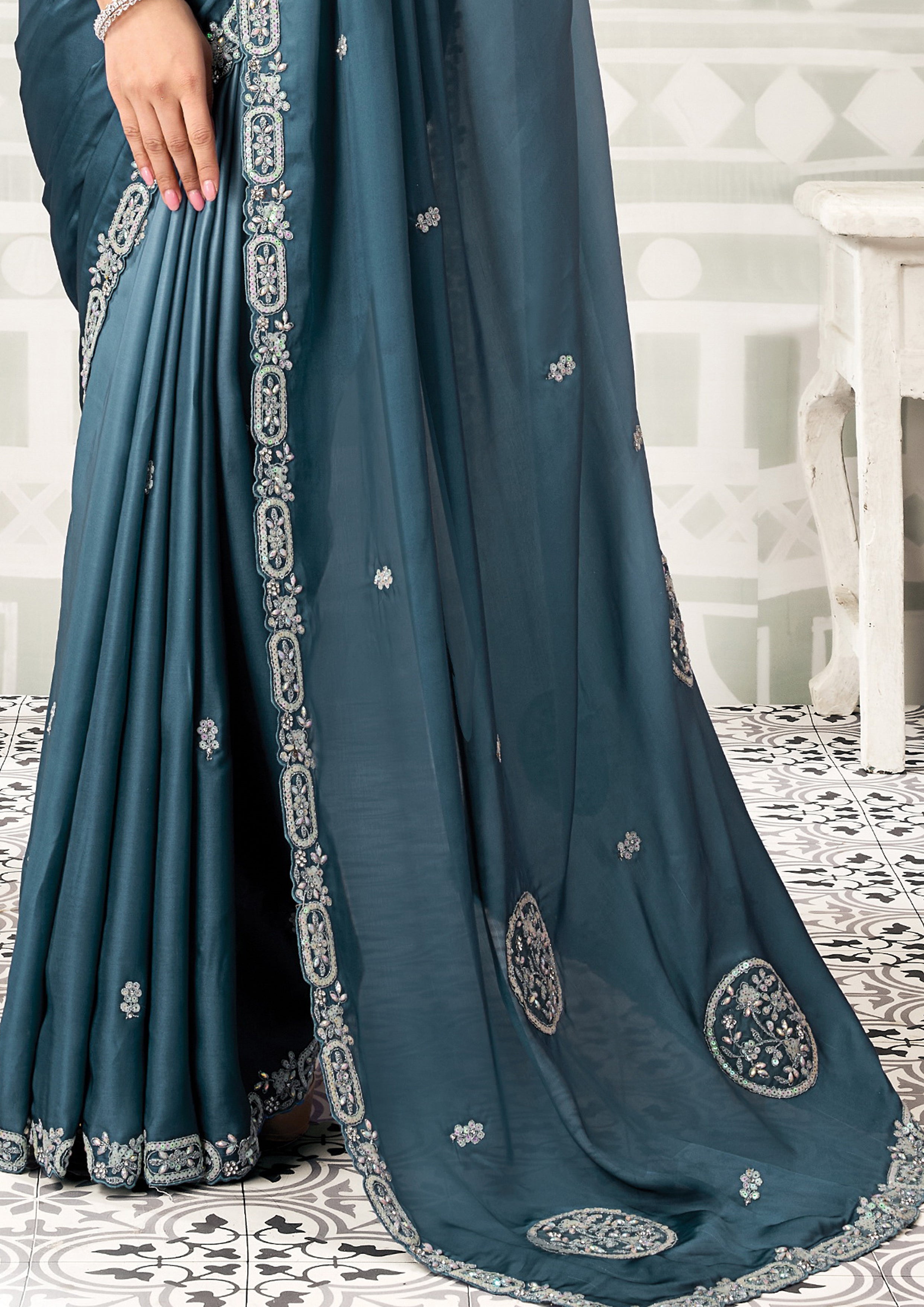 Peacock Ombre Embellished Satin Silk Saree