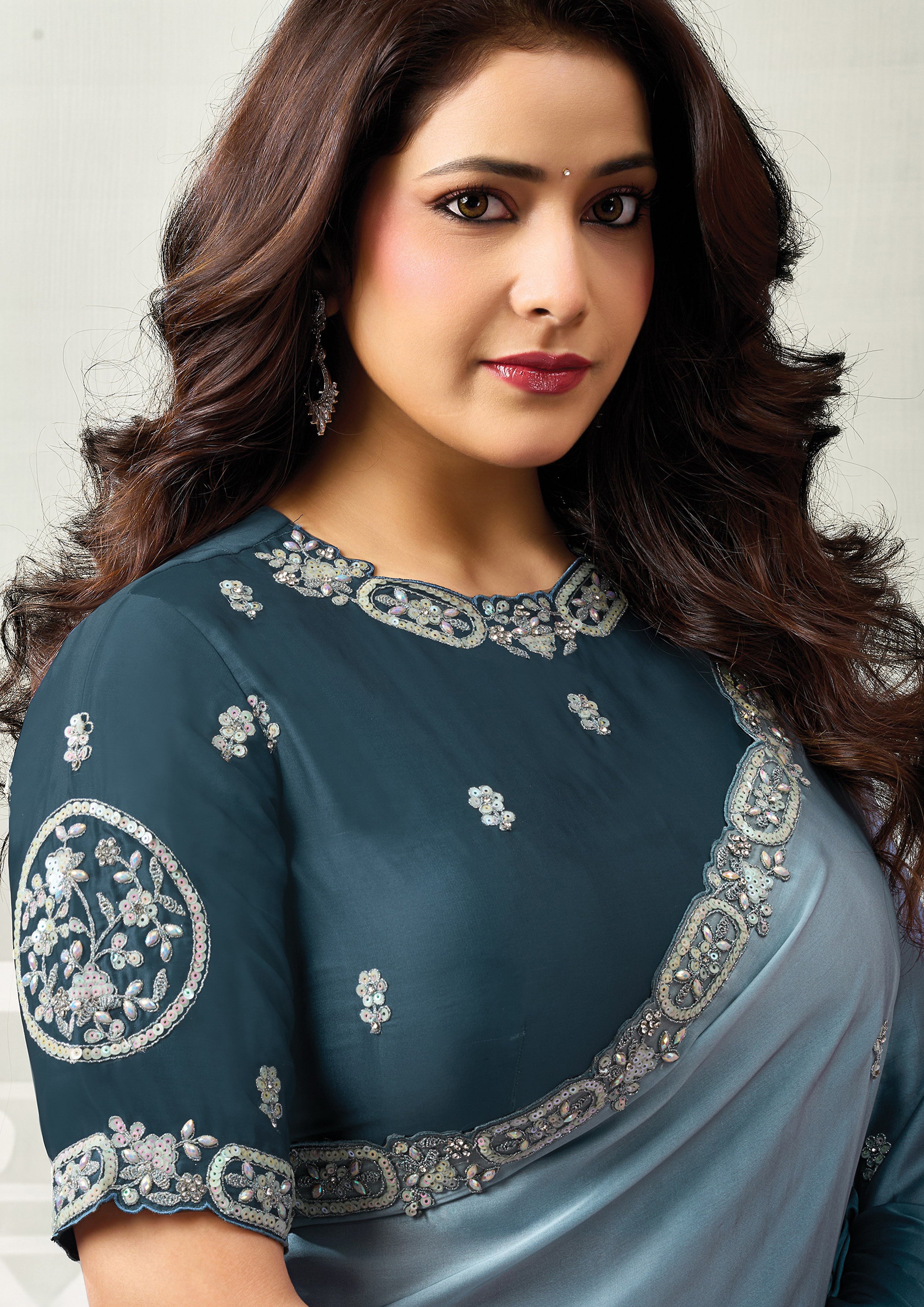 Peacock Ombre Embellished Satin Silk Saree