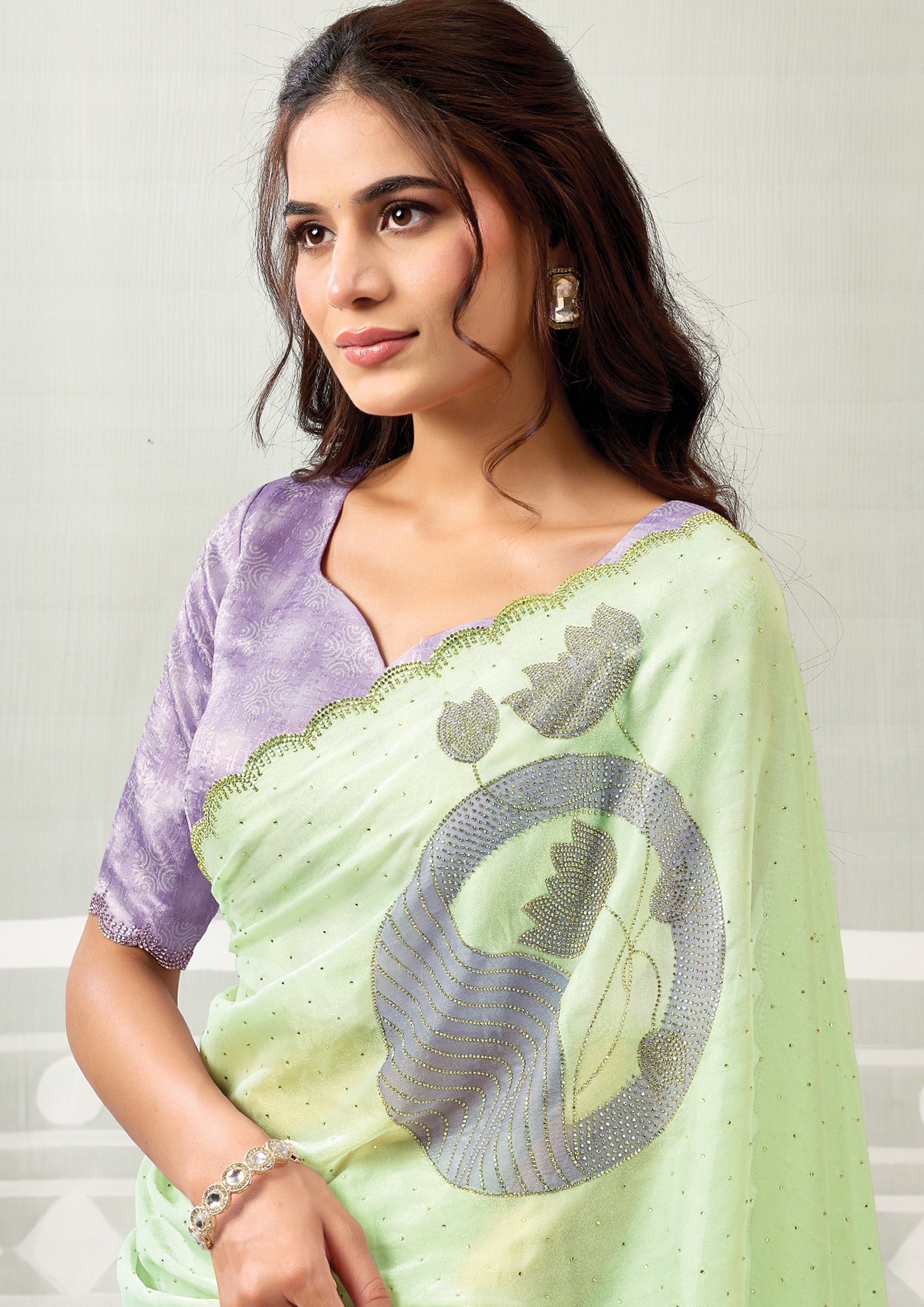 Mint Lilac Embellished Organza Satin Silk Saree