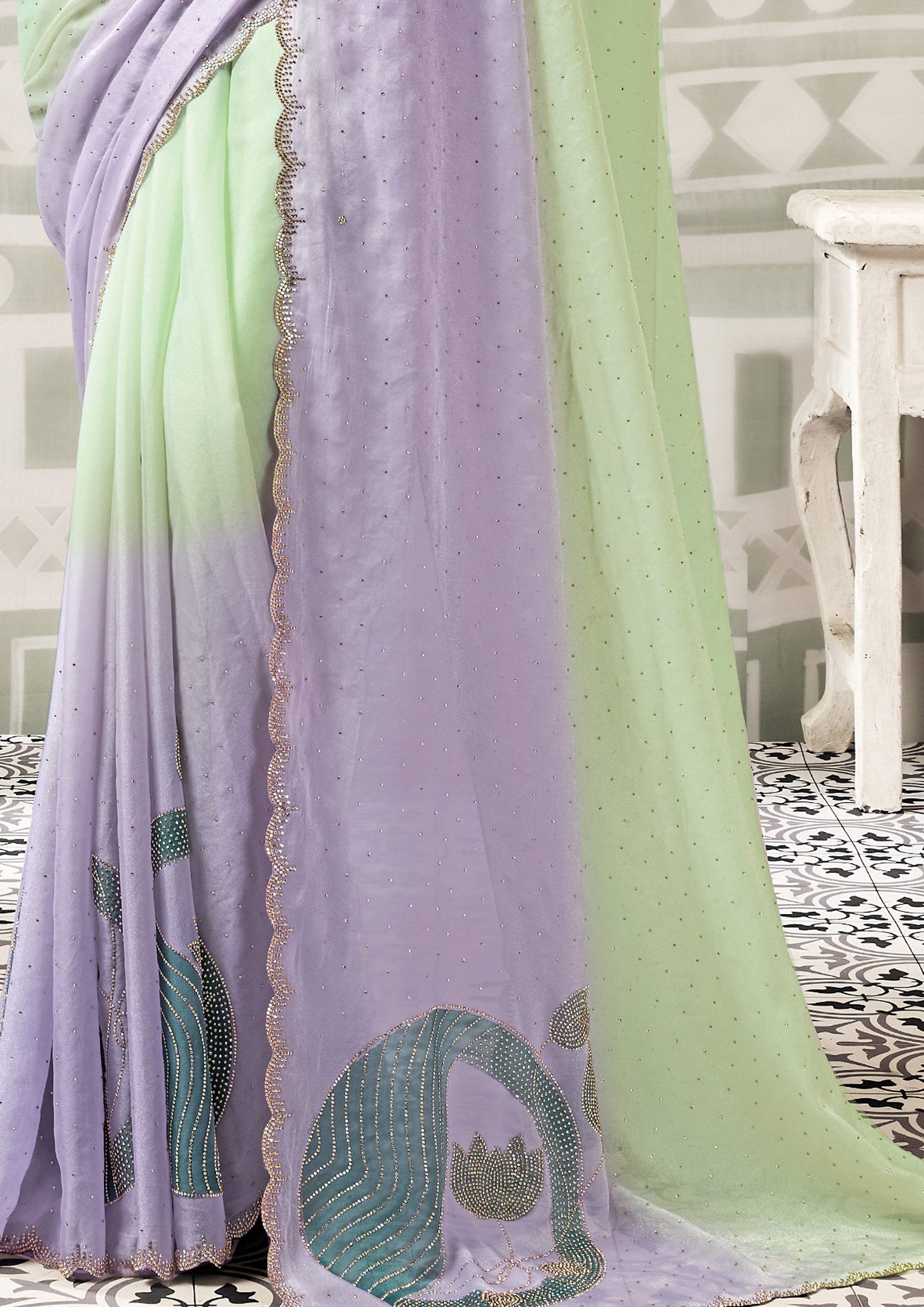 Mint Lilac Embellished Organza Satin Silk Saree