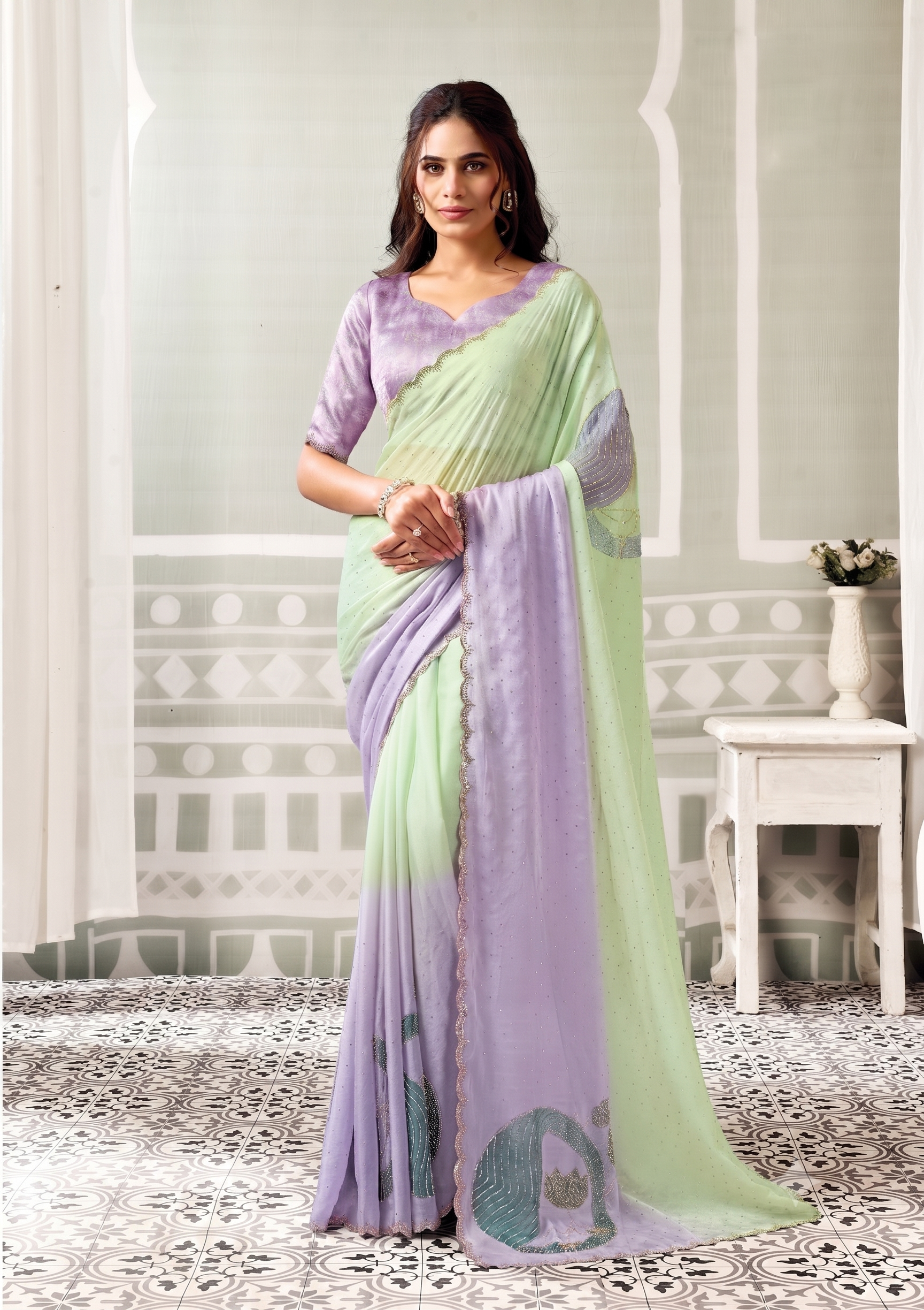 Mint Lilac Embellished Organza Satin Silk Saree