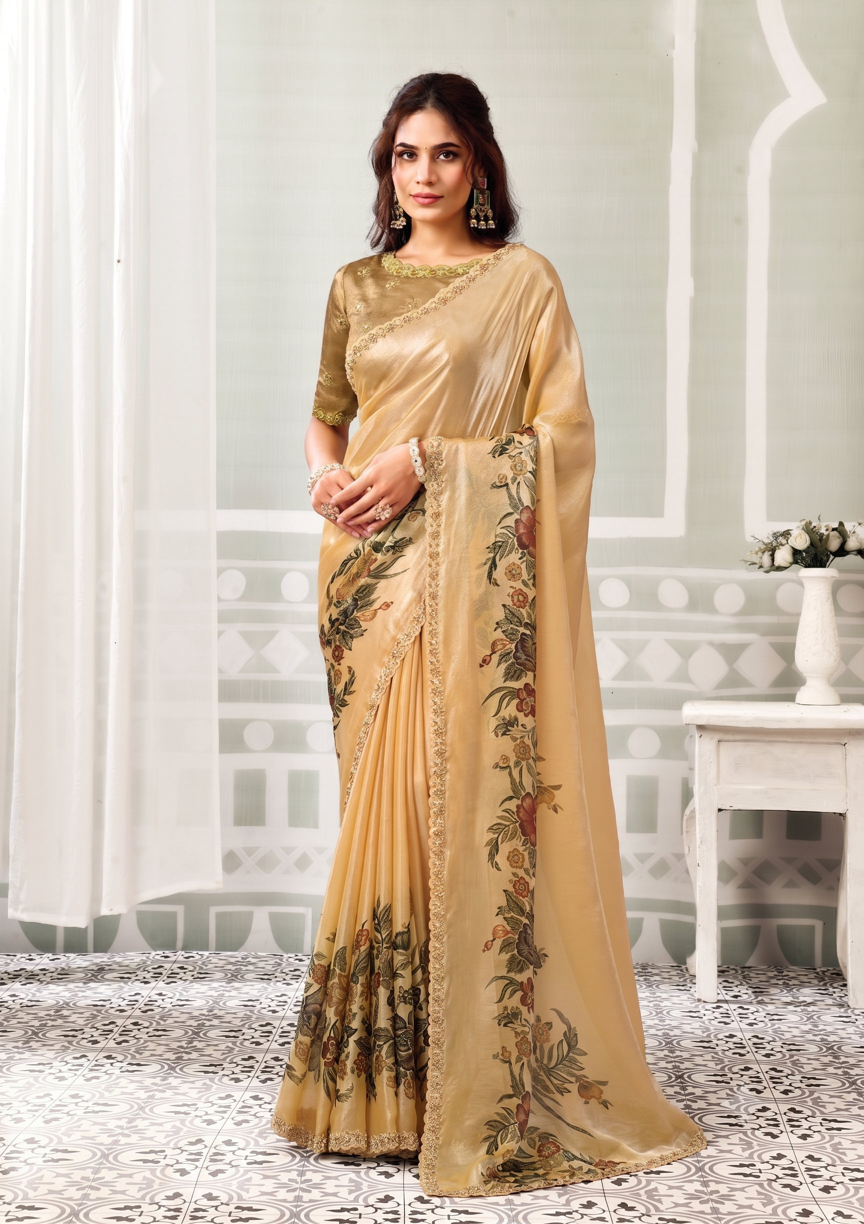 Gold Regal Embellished Satin Silk Saree