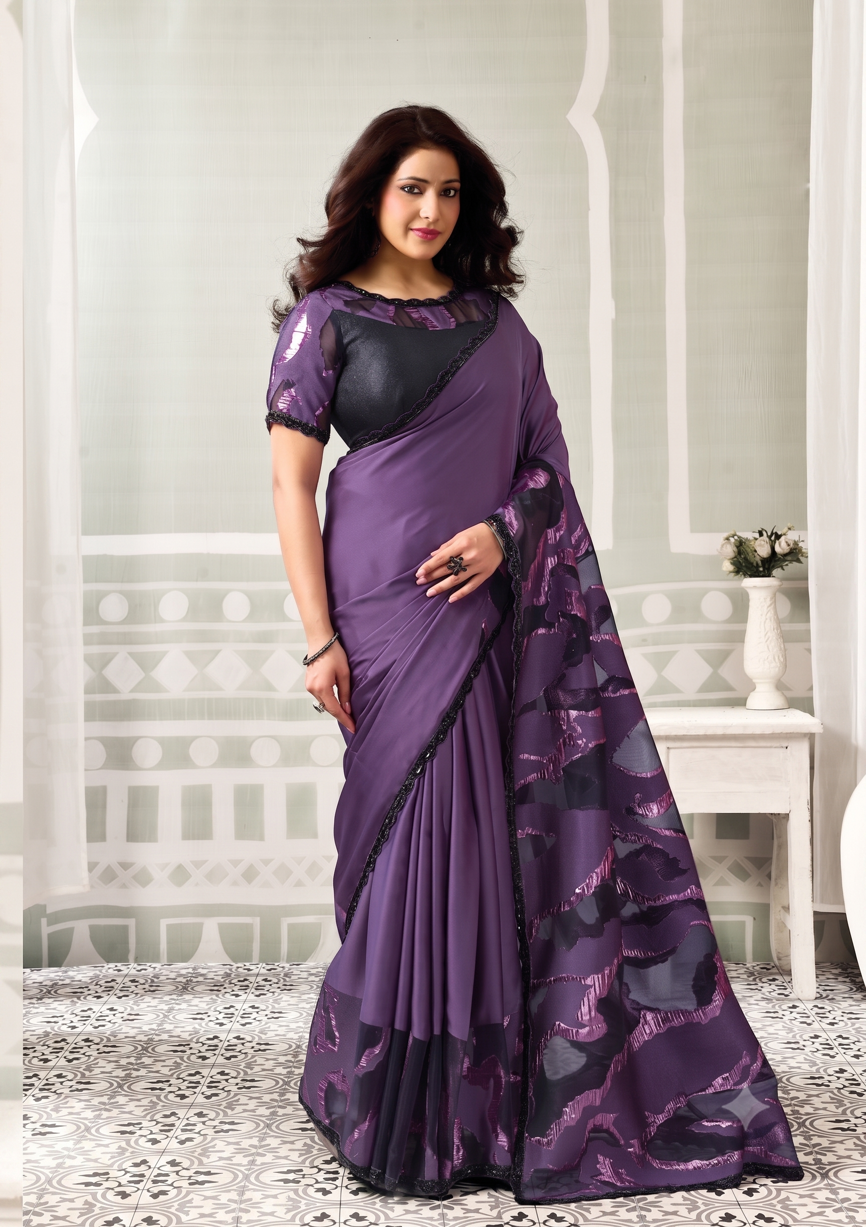 Purple Crown Embellished Satin Silk Saree