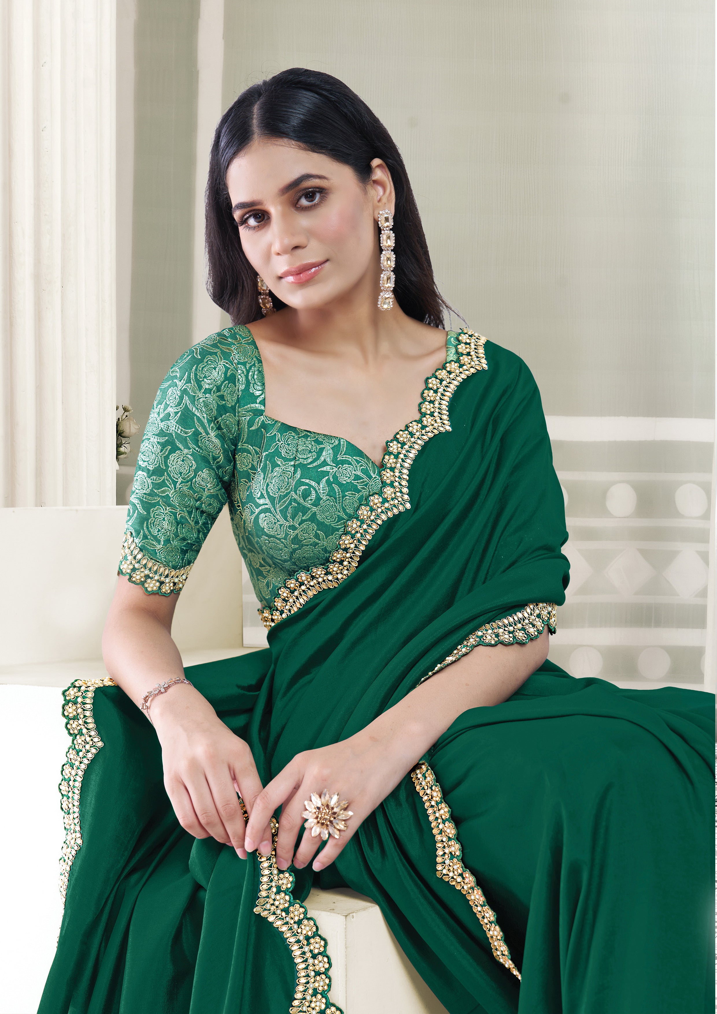 Green Spruce Embellished Crepe Silk Saree