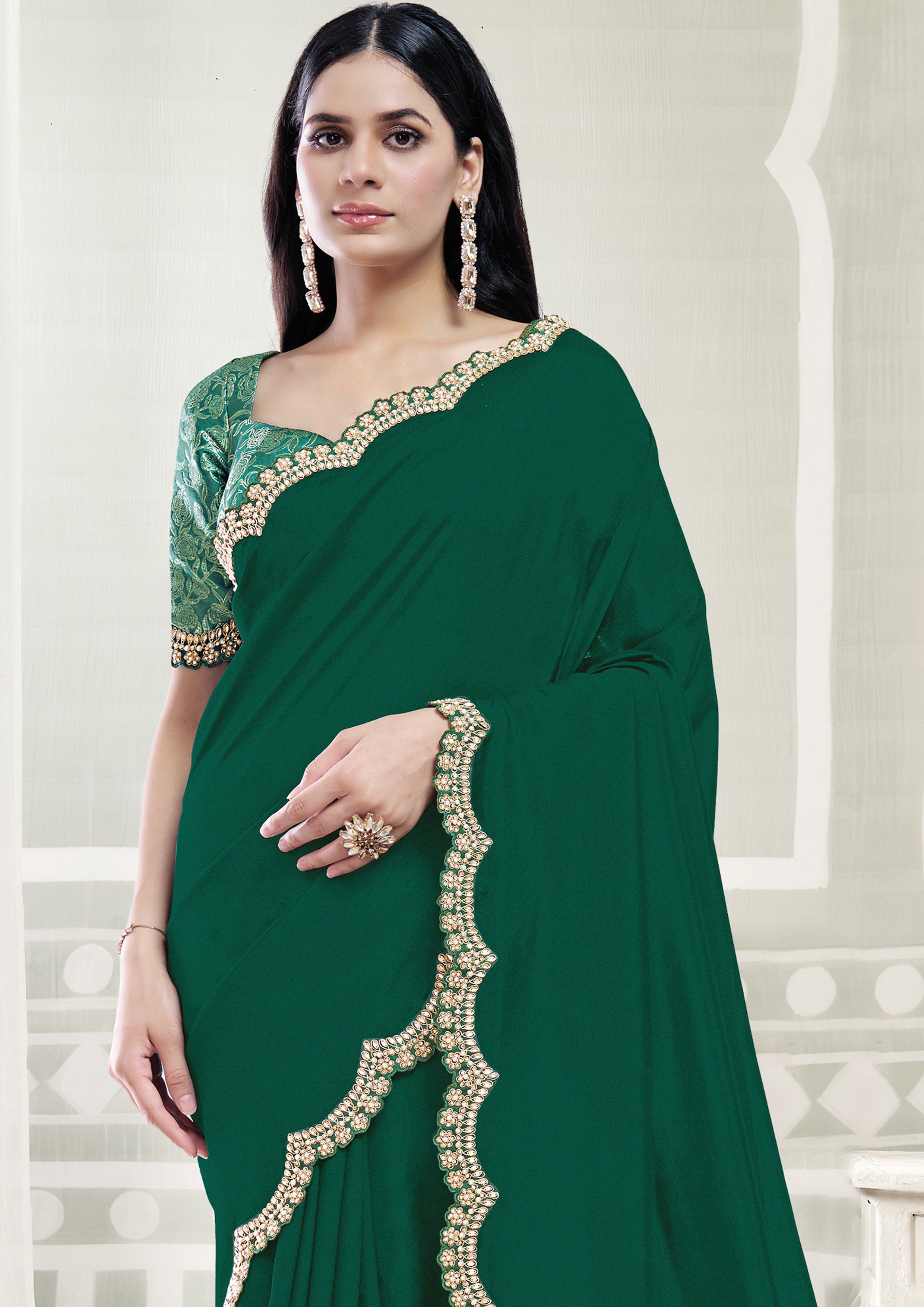 Green Spruce Embellished Crepe Silk Saree