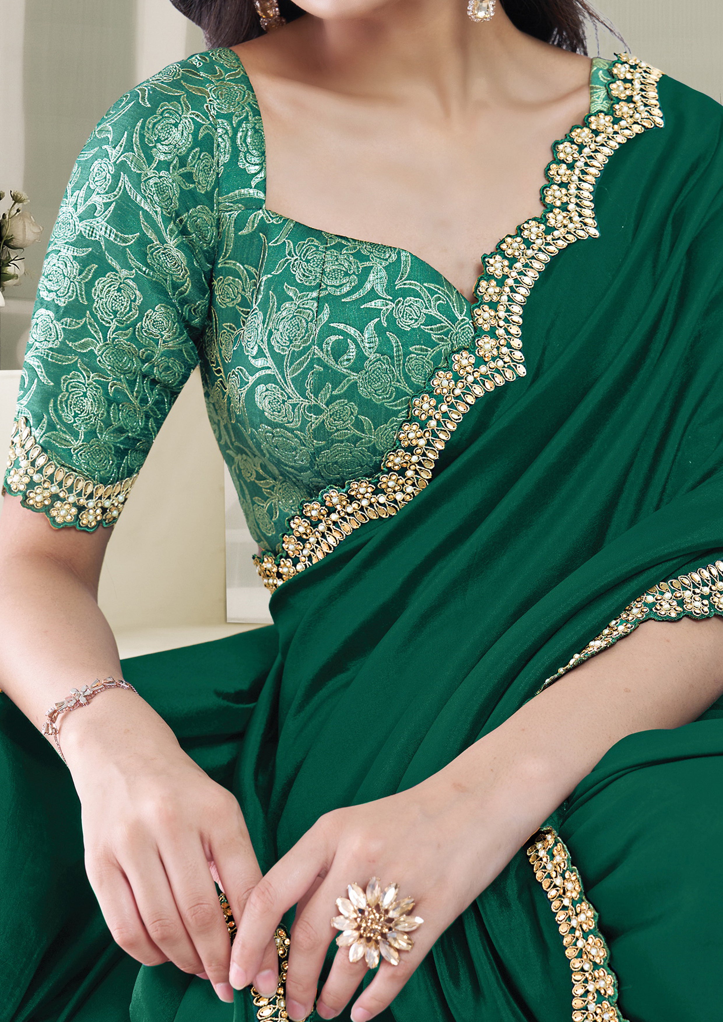 Green Spruce Embellished Crepe Silk Saree