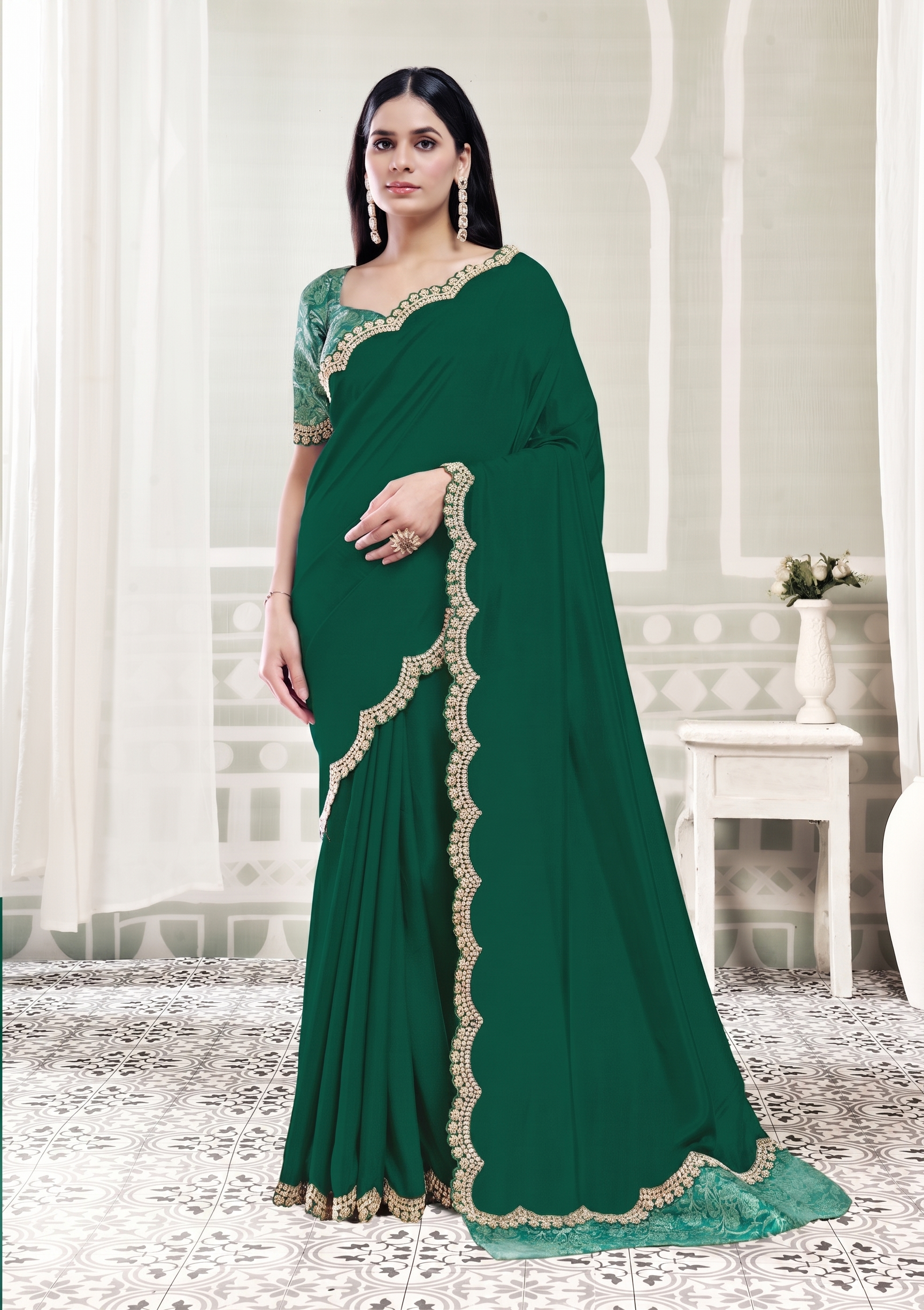Green Spruce Embellished Crepe Silk Saree
