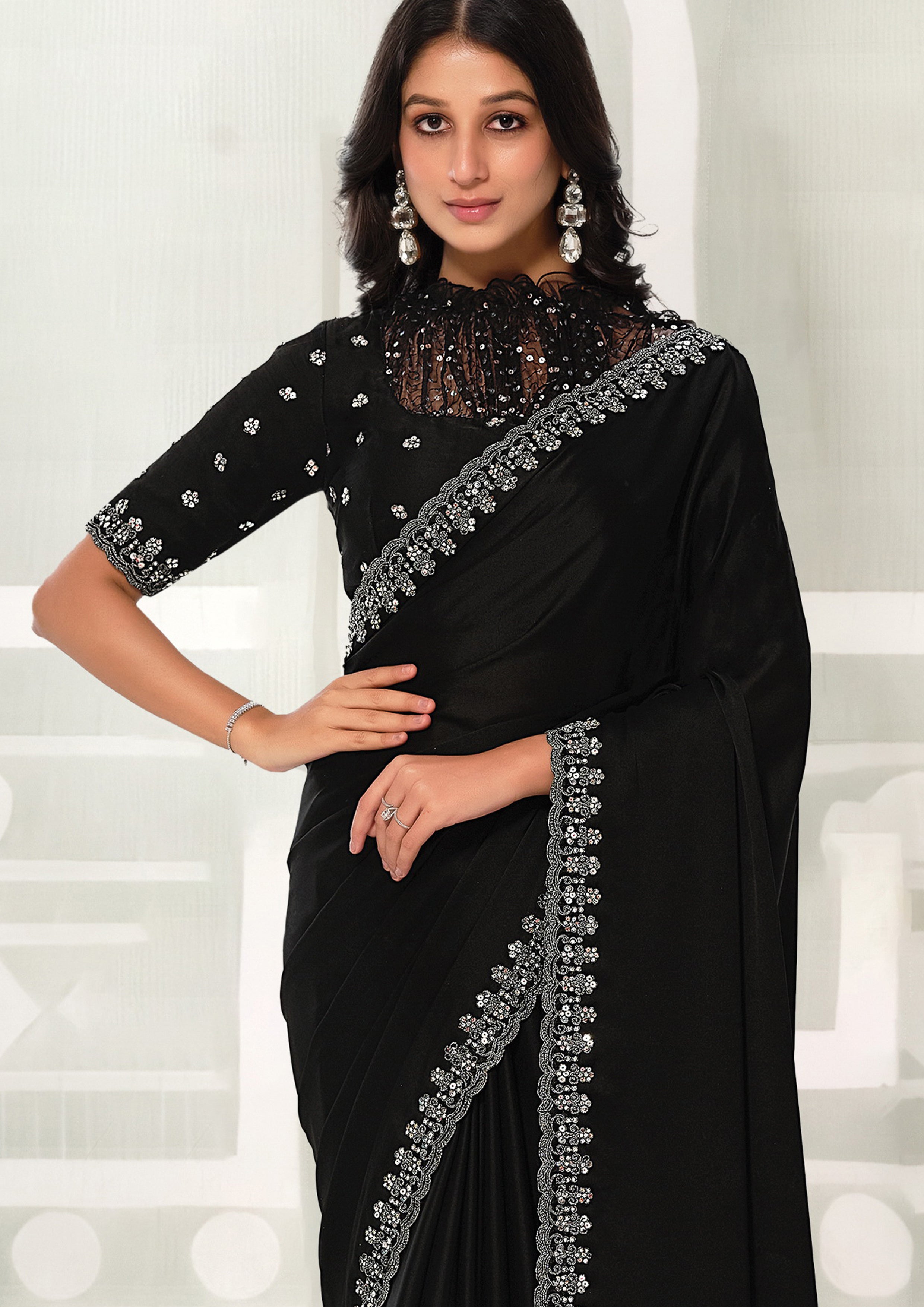 Onyx Luxe Embellished Crepe Satin Silk Saree