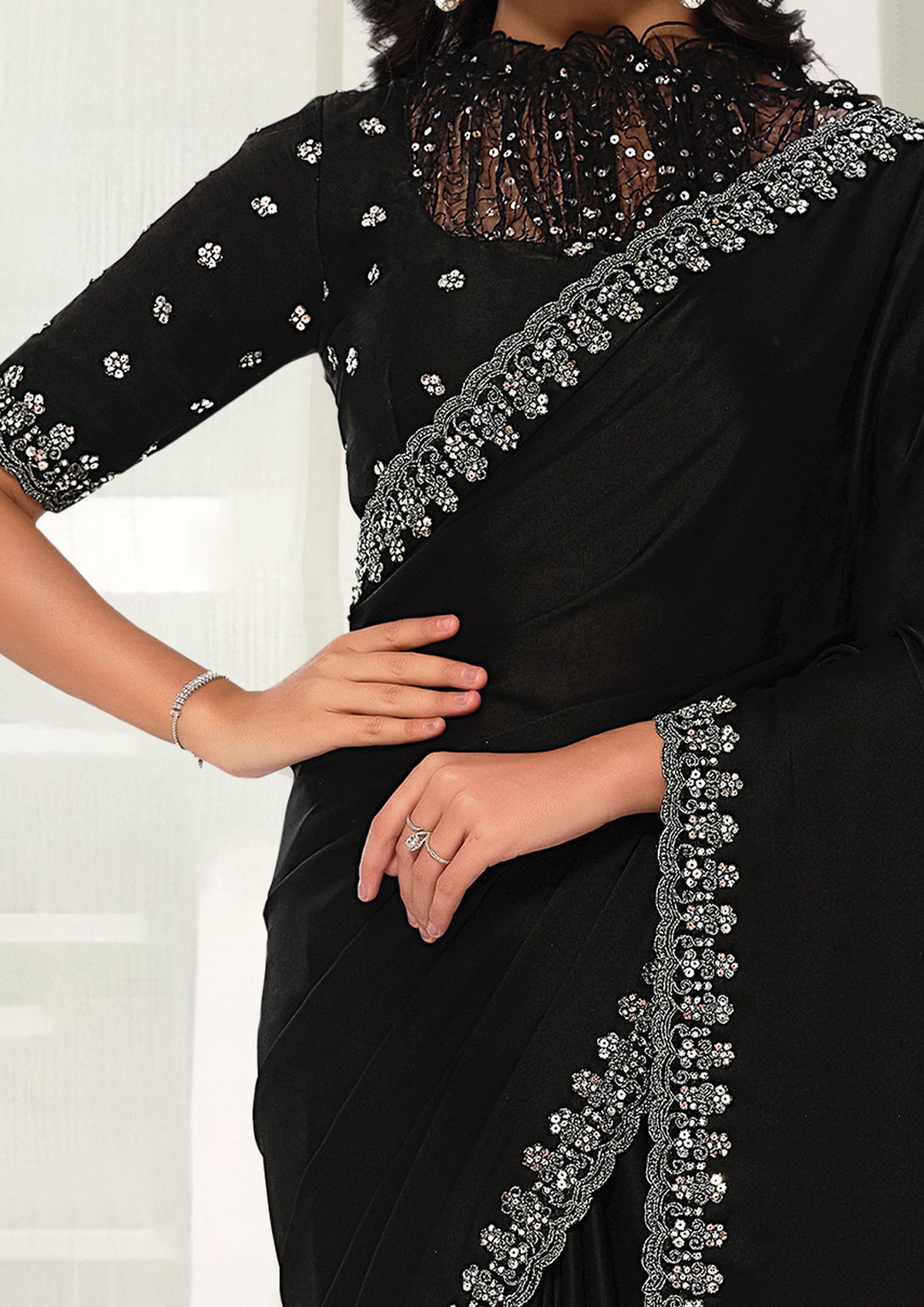 Onyx Luxe Embellished Crepe Satin Silk Saree