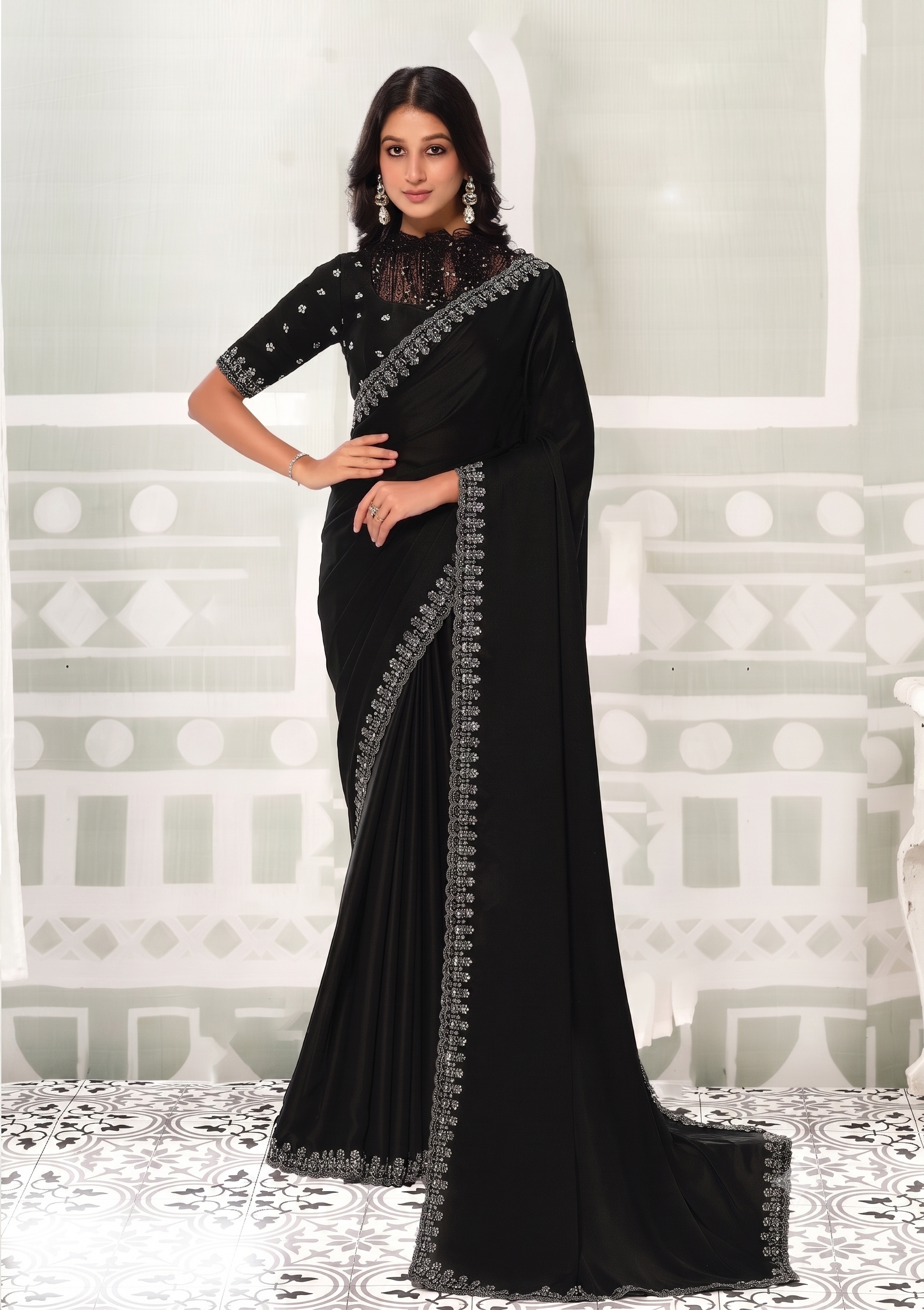 Onyx Luxe Embellished Crepe Satin Silk Saree