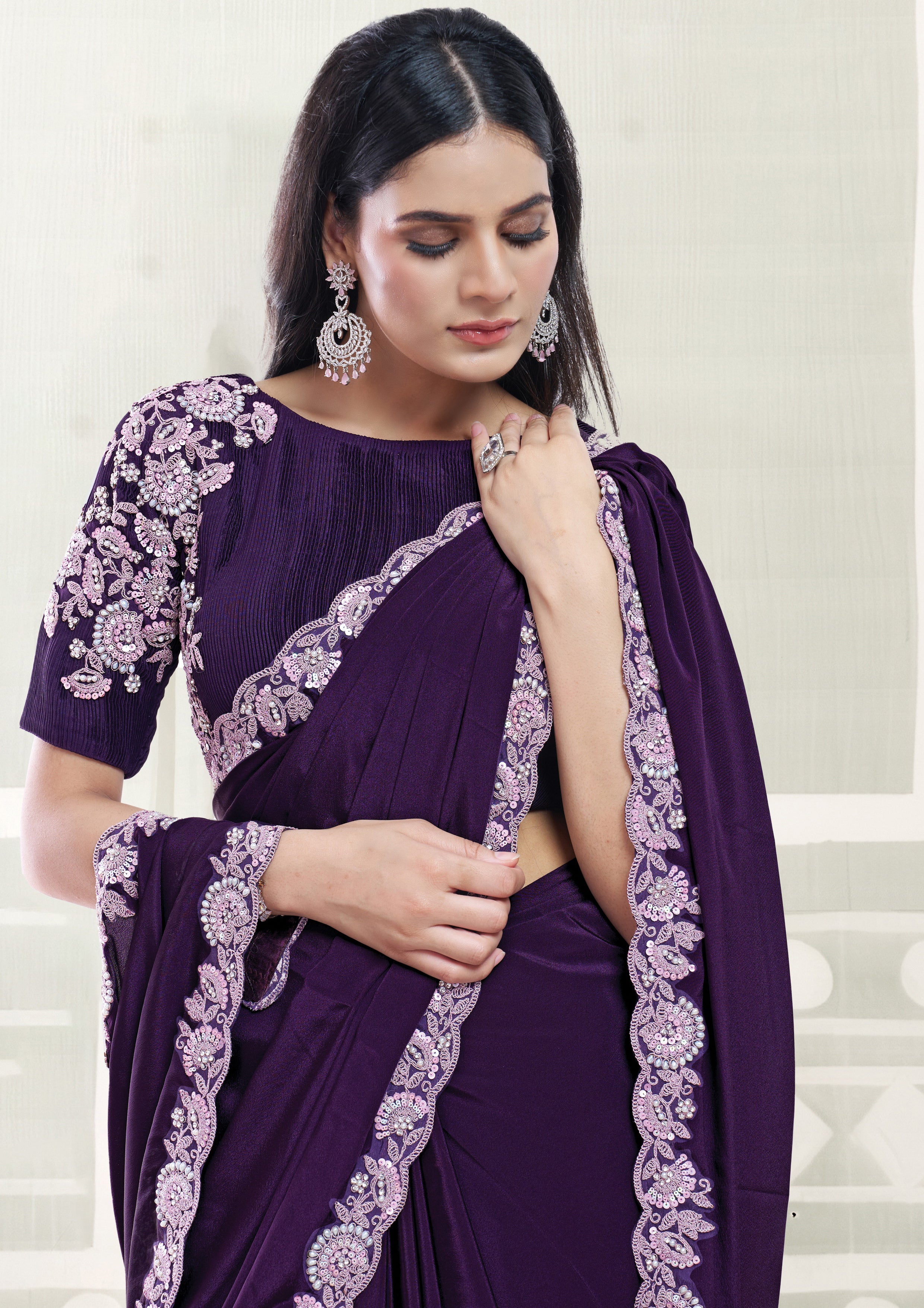 Purple Majestic Embellished Crepe Silk Saree