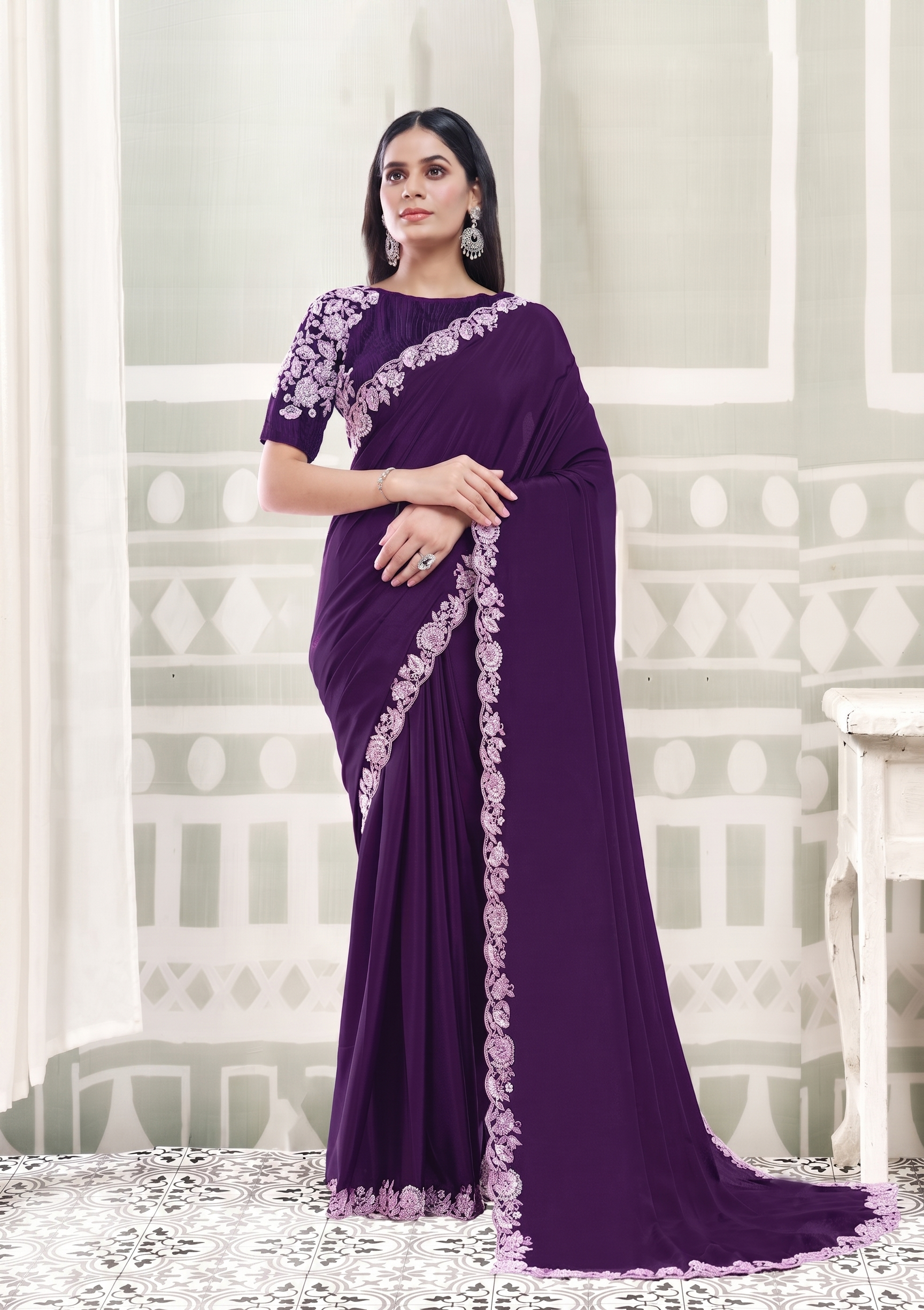 Purple Majestic Embellished Crepe Silk Saree