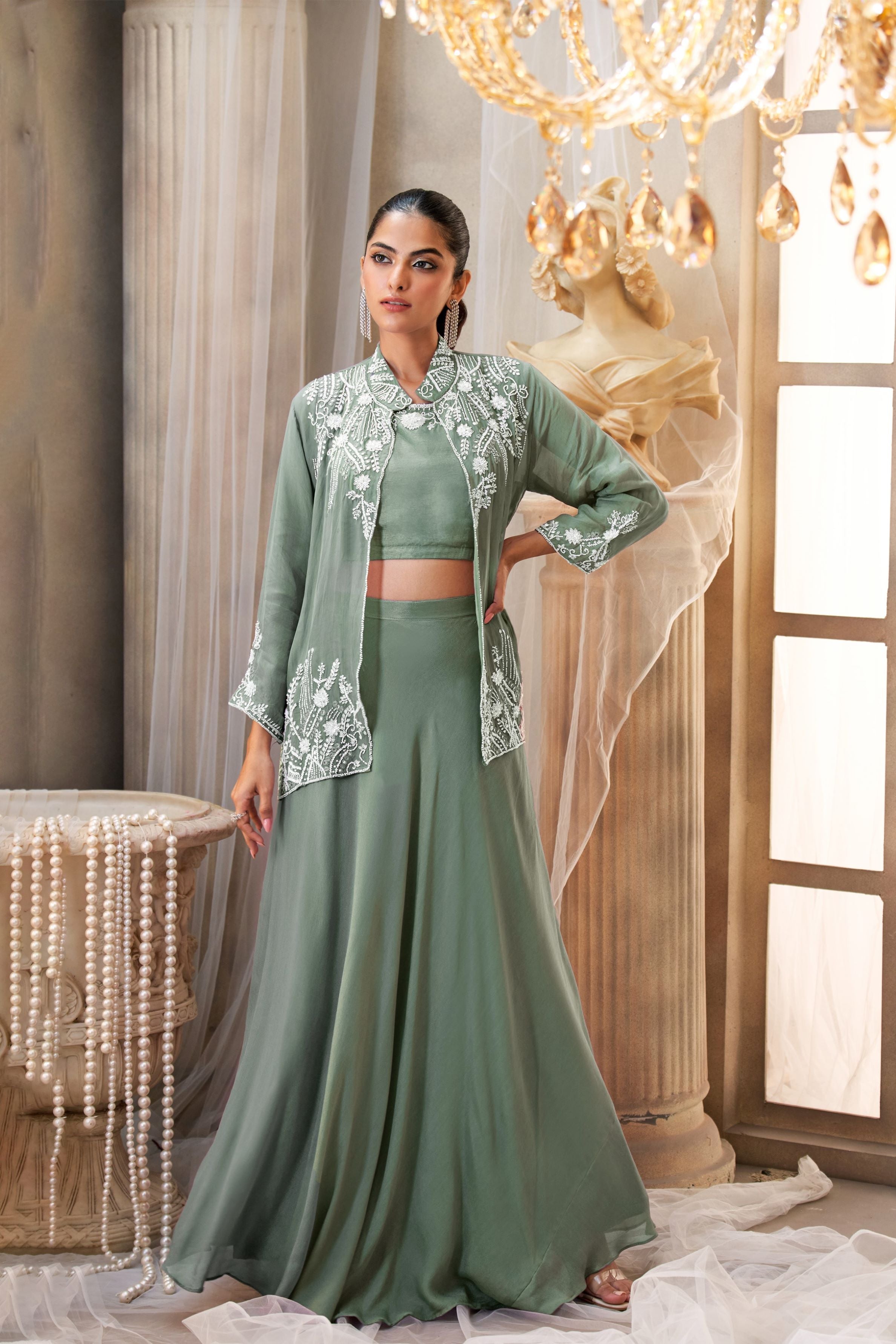 Sea Green Embellished Georgette Silk Skirt Set