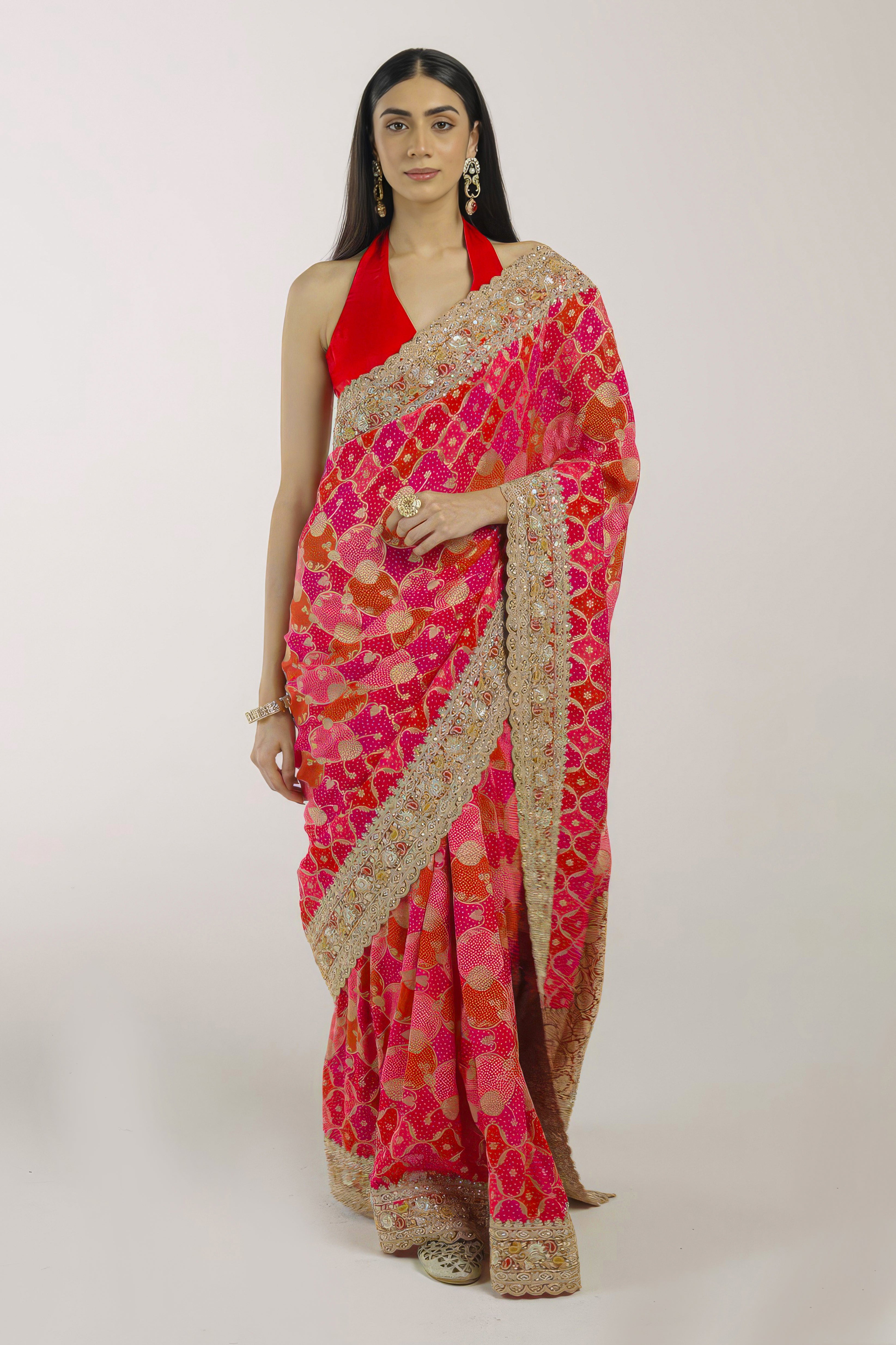 Fuchsia & Red Embellished Premium Silk Saree