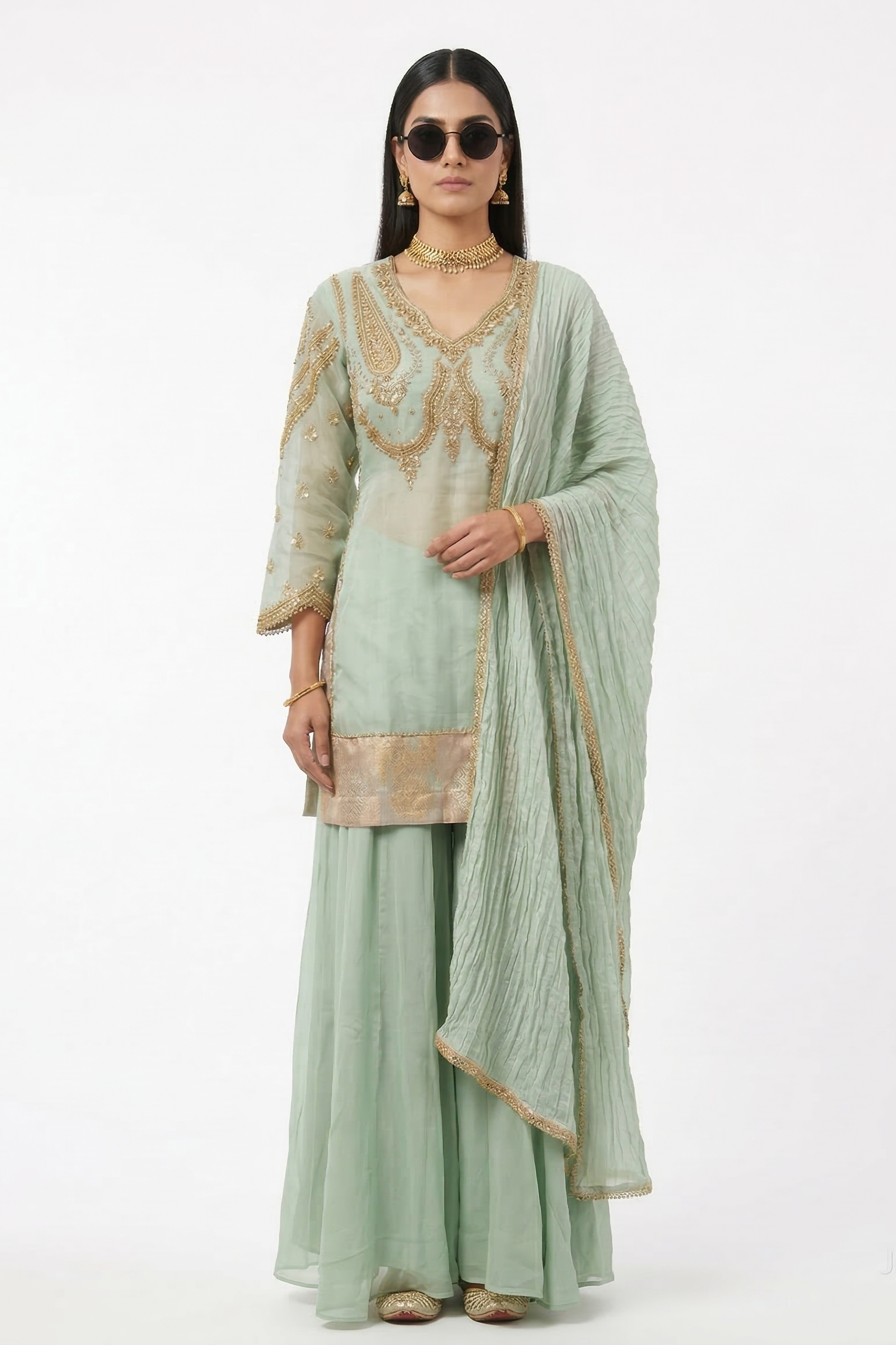 Mint Royale Embellished Organza Silk Sharara Set
