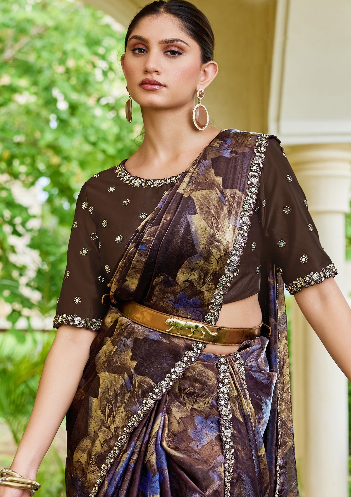 Dark Chocolate Embellished Satin Silk Saree