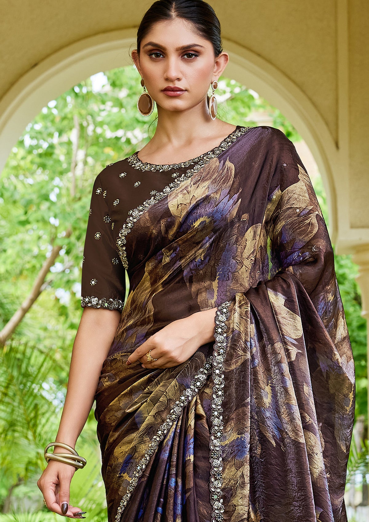 Dark Chocolate Embellished Satin Silk Saree