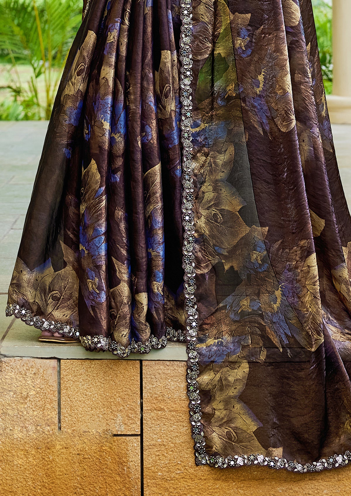 Dark Chocolate Embellished Satin Silk Saree