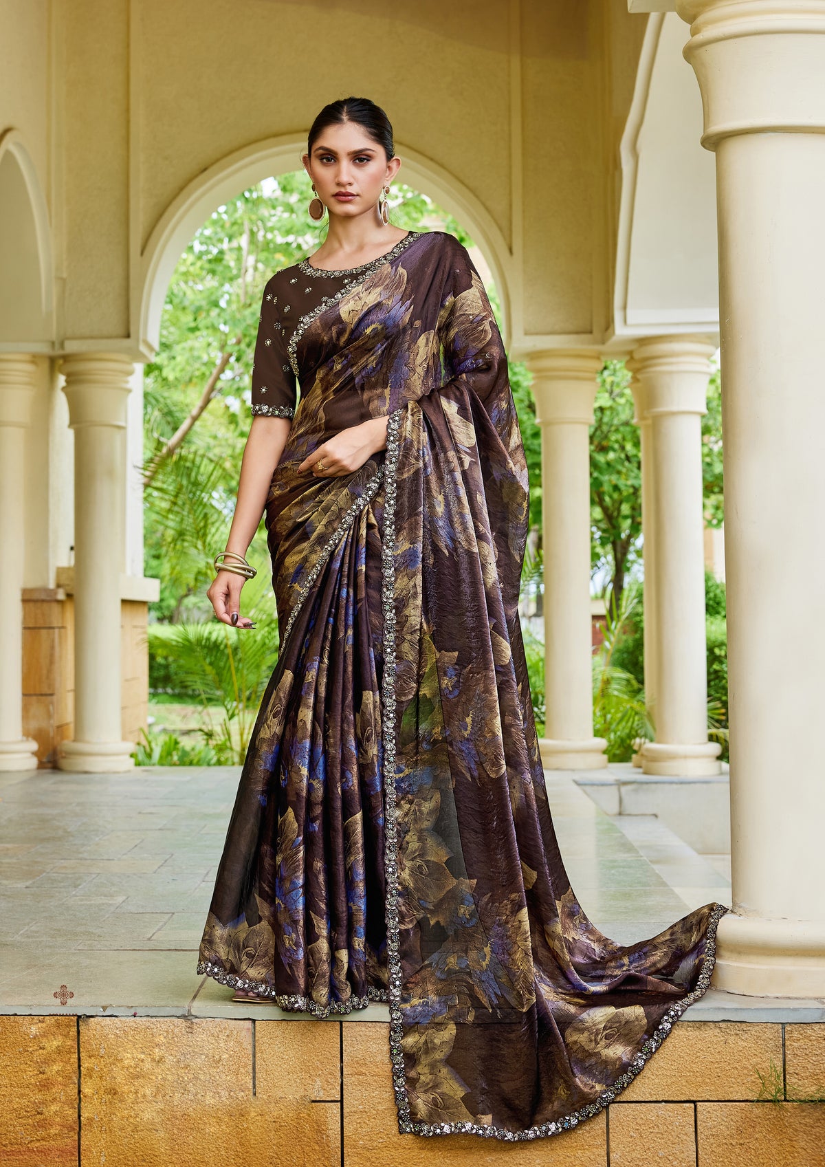 Dark Chocolate Embellished Satin Silk Saree