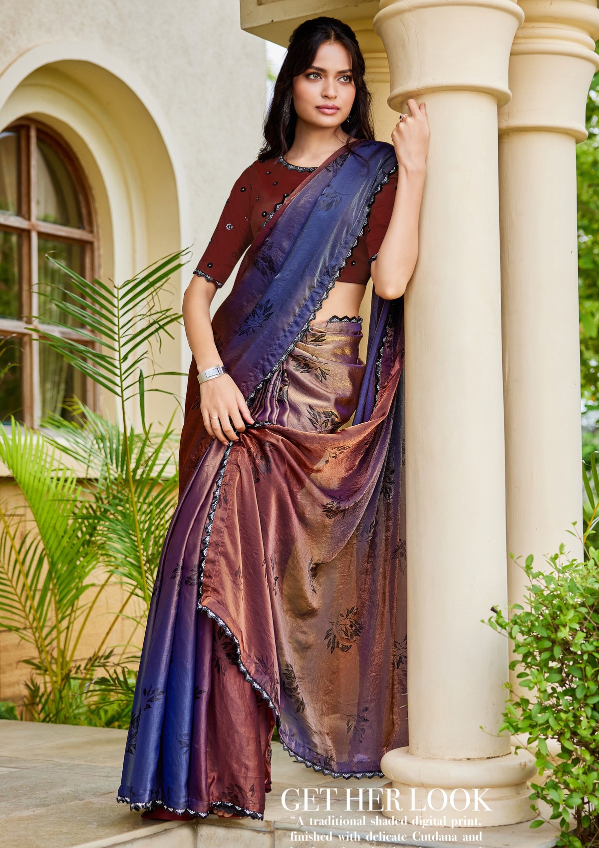 Shaded Coffee Embellished Satin Silk Saree
