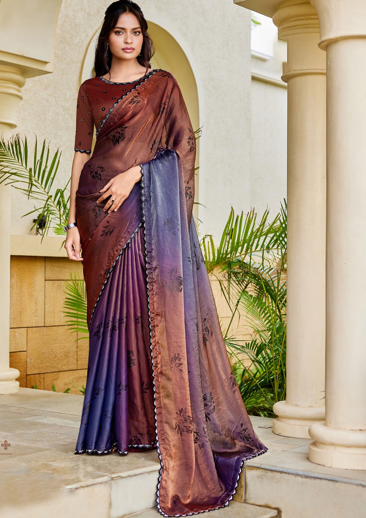 Shaded Coffee Embellished Satin Silk Saree
