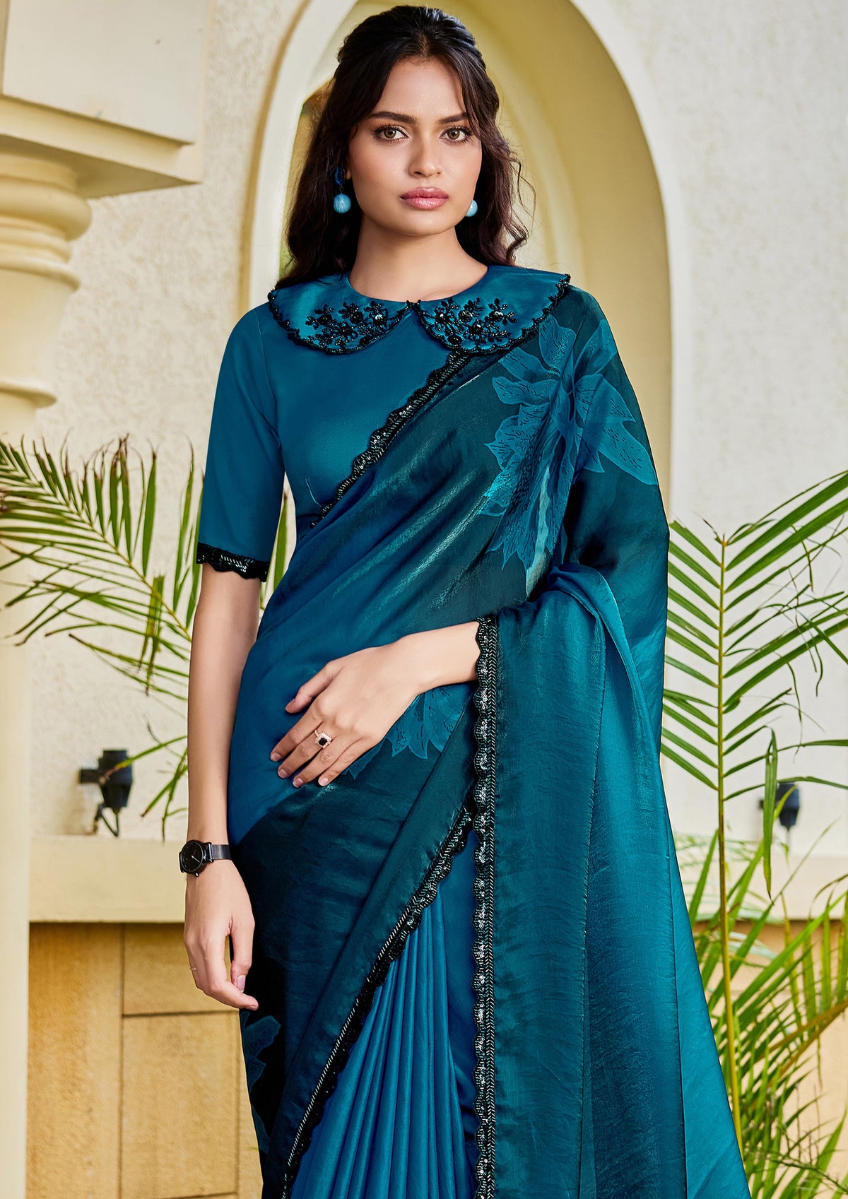 Peacock Teal Embellished Satin Silk Saree