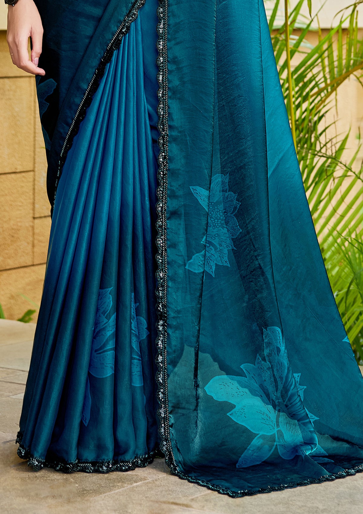 Peacock Teal Embellished Satin Silk Saree