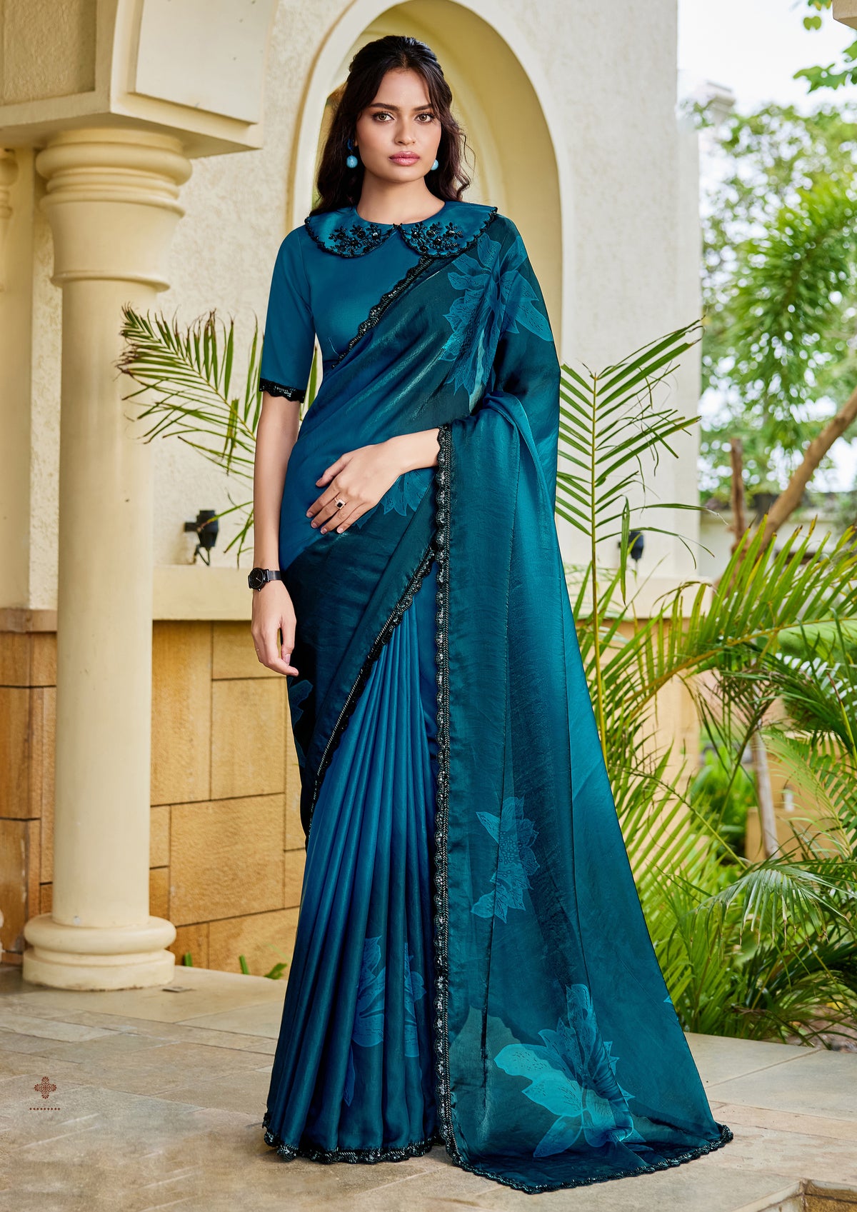Peacock Teal Embellished Satin Silk Saree
