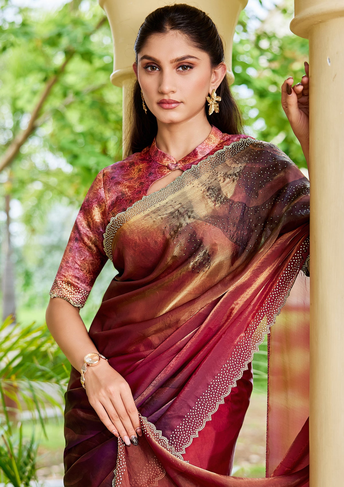 Sunset Ombre Embellished Satin Silk Saree