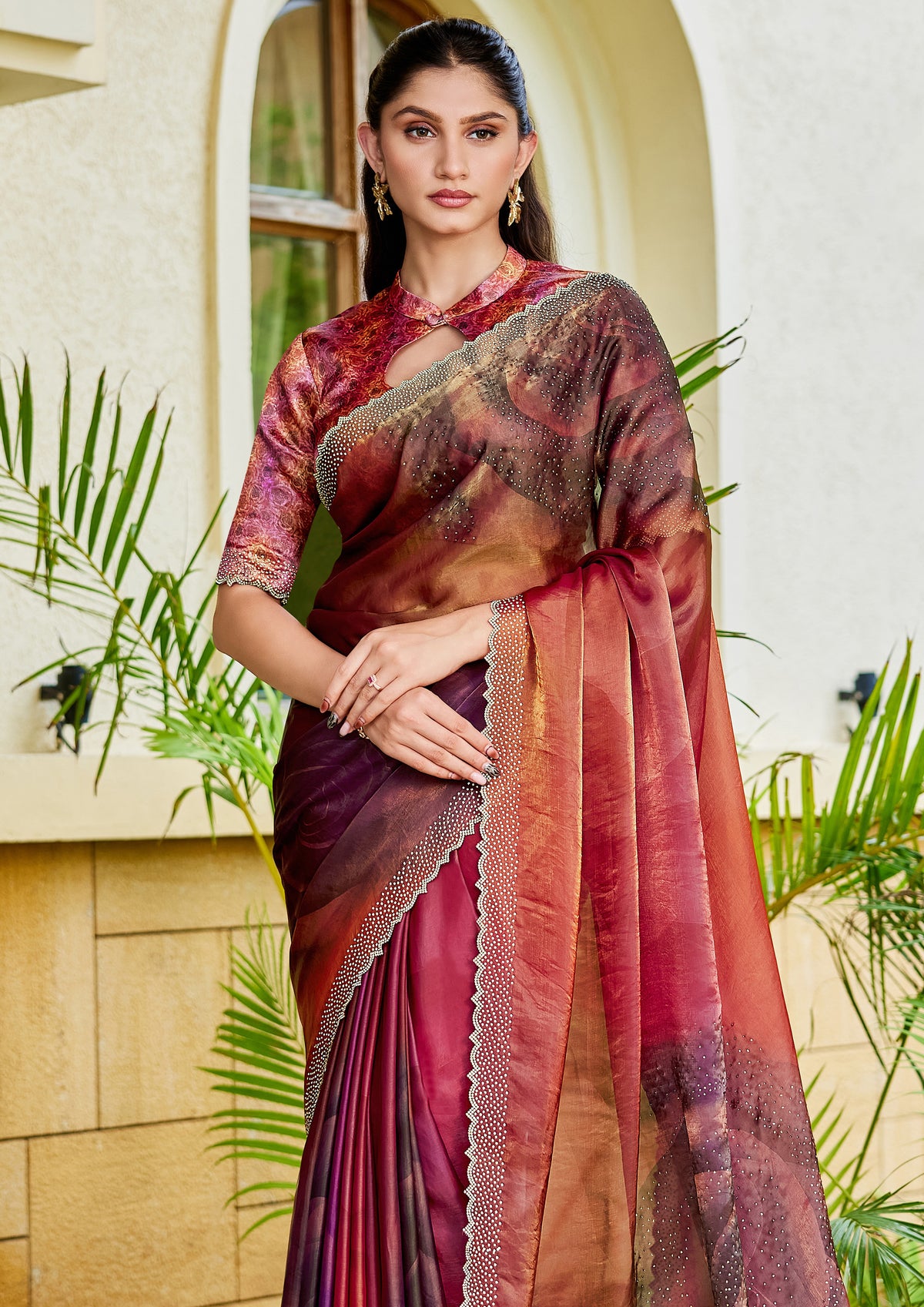 Sunset Ombre Embellished Satin Silk Saree
