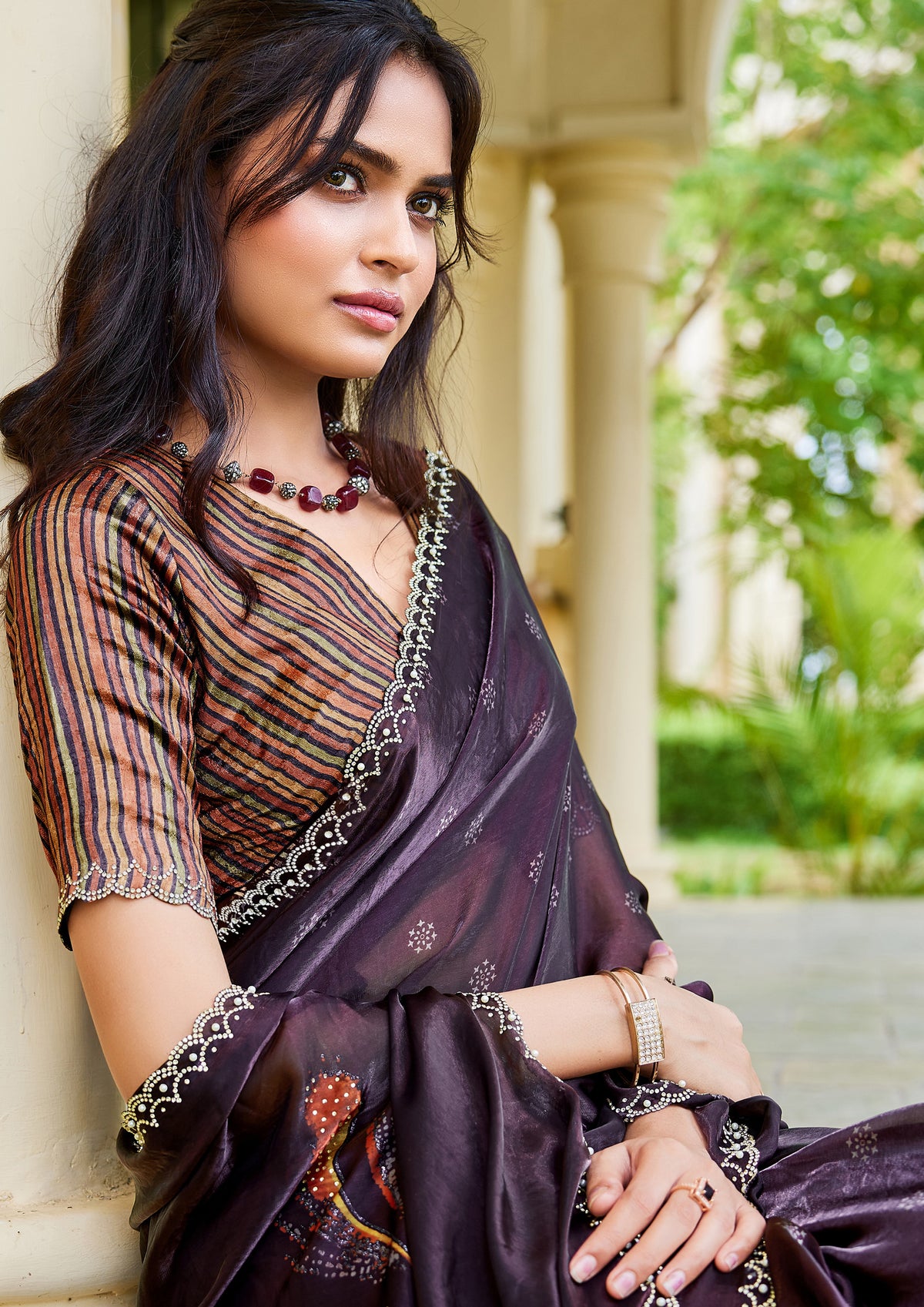 Deep Plum Embellished Satin Silk Saree