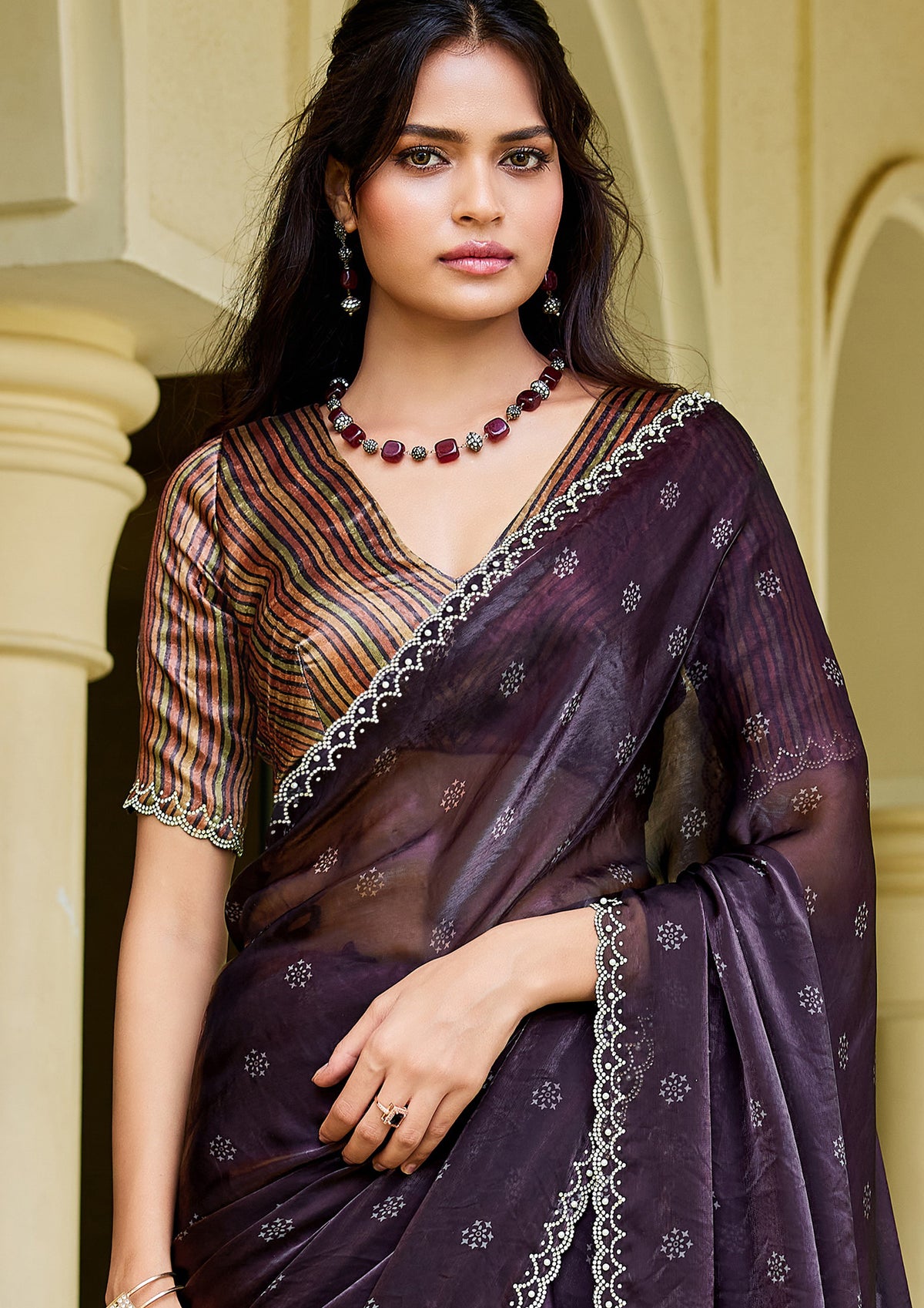 Deep Plum Embellished Satin Silk Saree