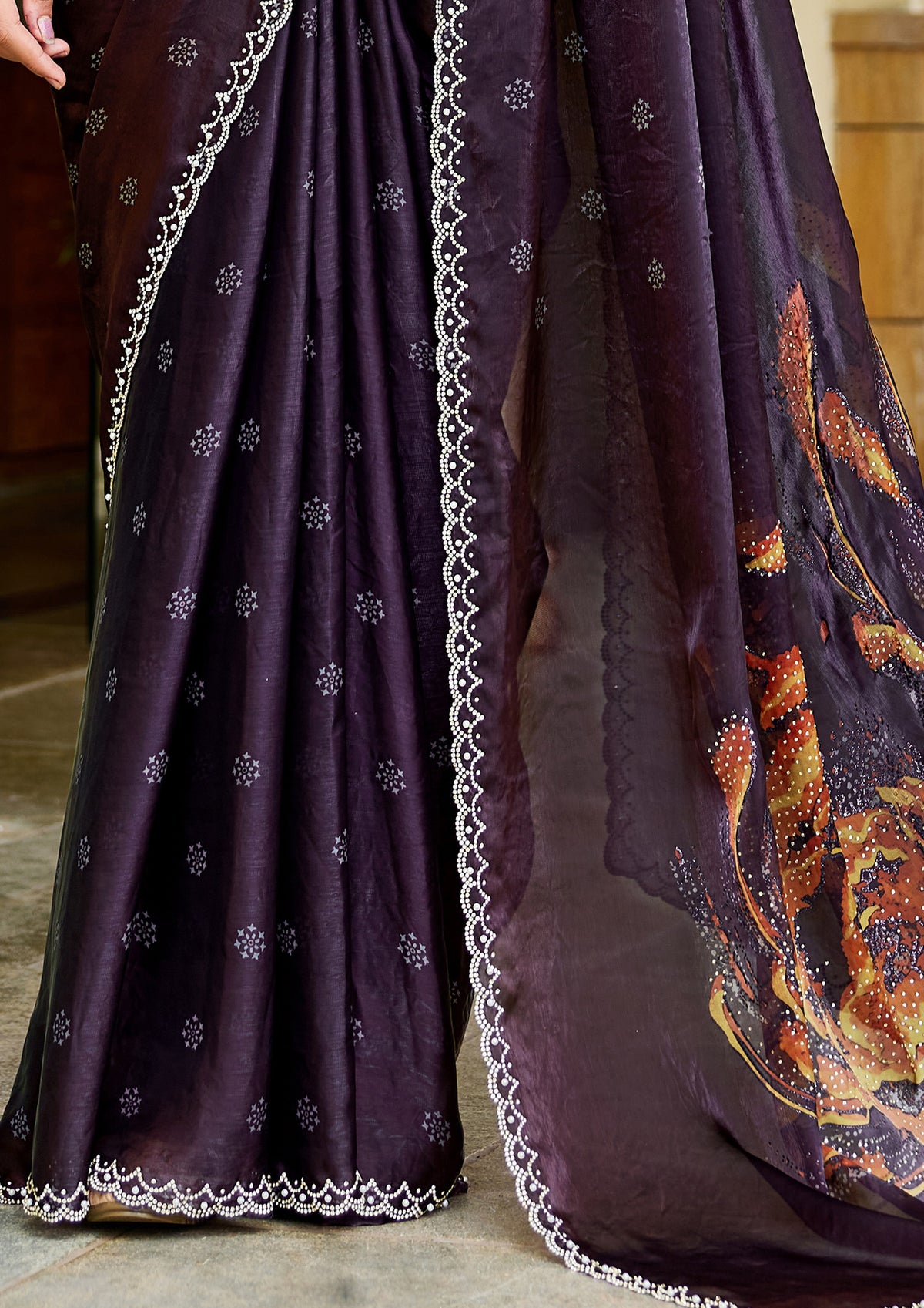 Deep Plum Embellished Satin Silk Saree