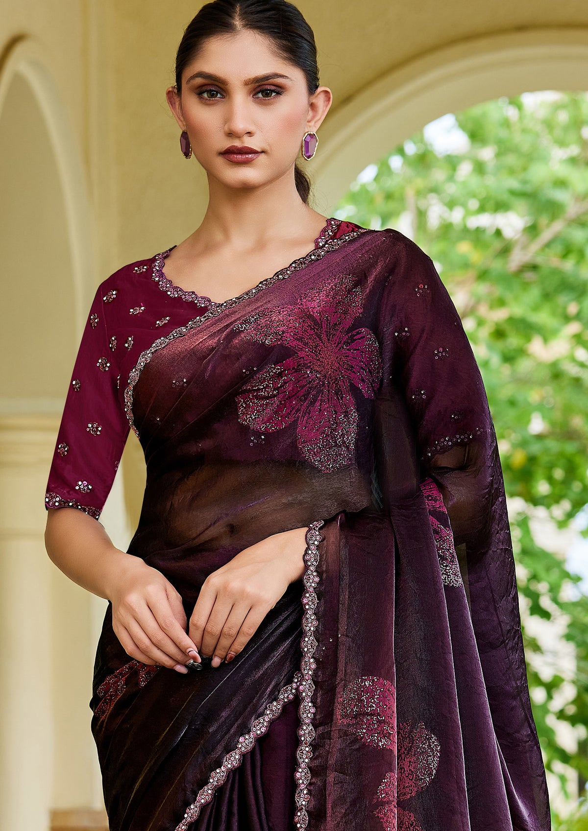Wine Floral Printed Satin Silk Saree